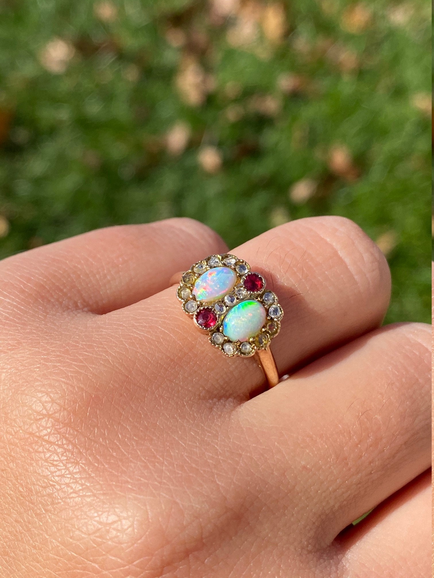 SOLD - The Baffin: Ladies Antique 14K Opal, Ruby and Rose Cut Diamond Ring - Image 10