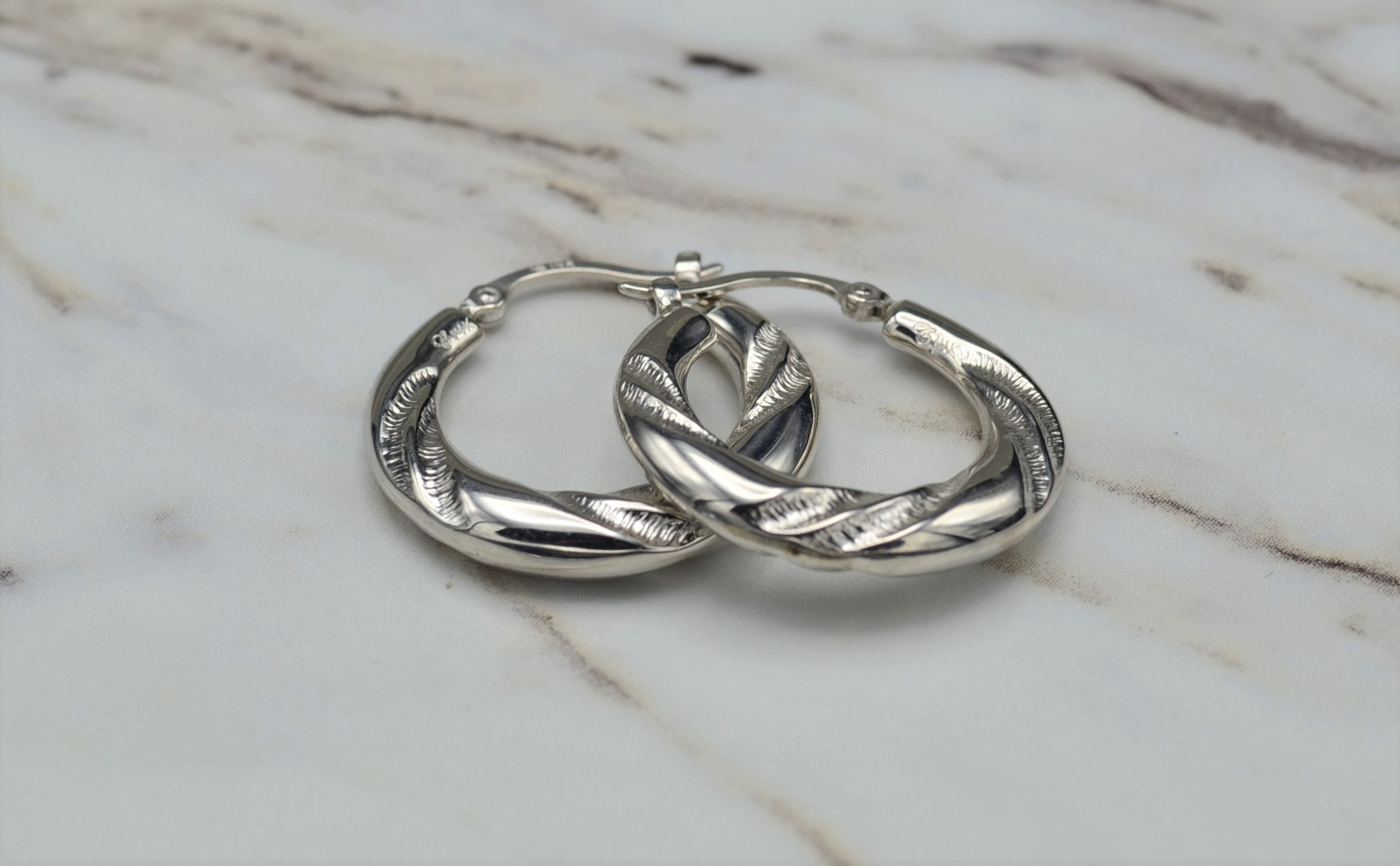 SOLD - The Tellins: 14K White Gold Textured Hoop Earrings - Image 2