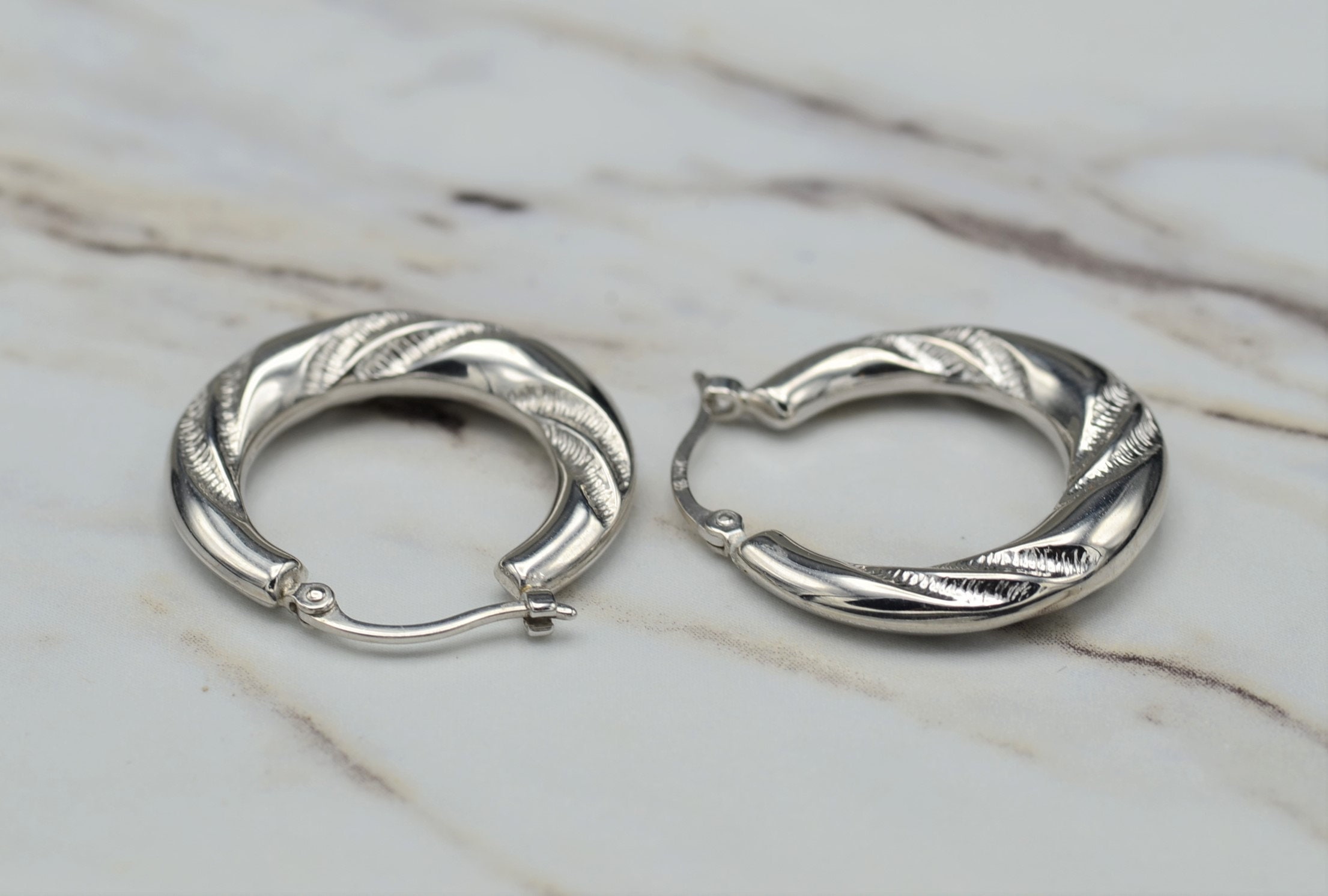 SOLD - The Tellins: 14K White Gold Textured Hoop Earrings - Image 4