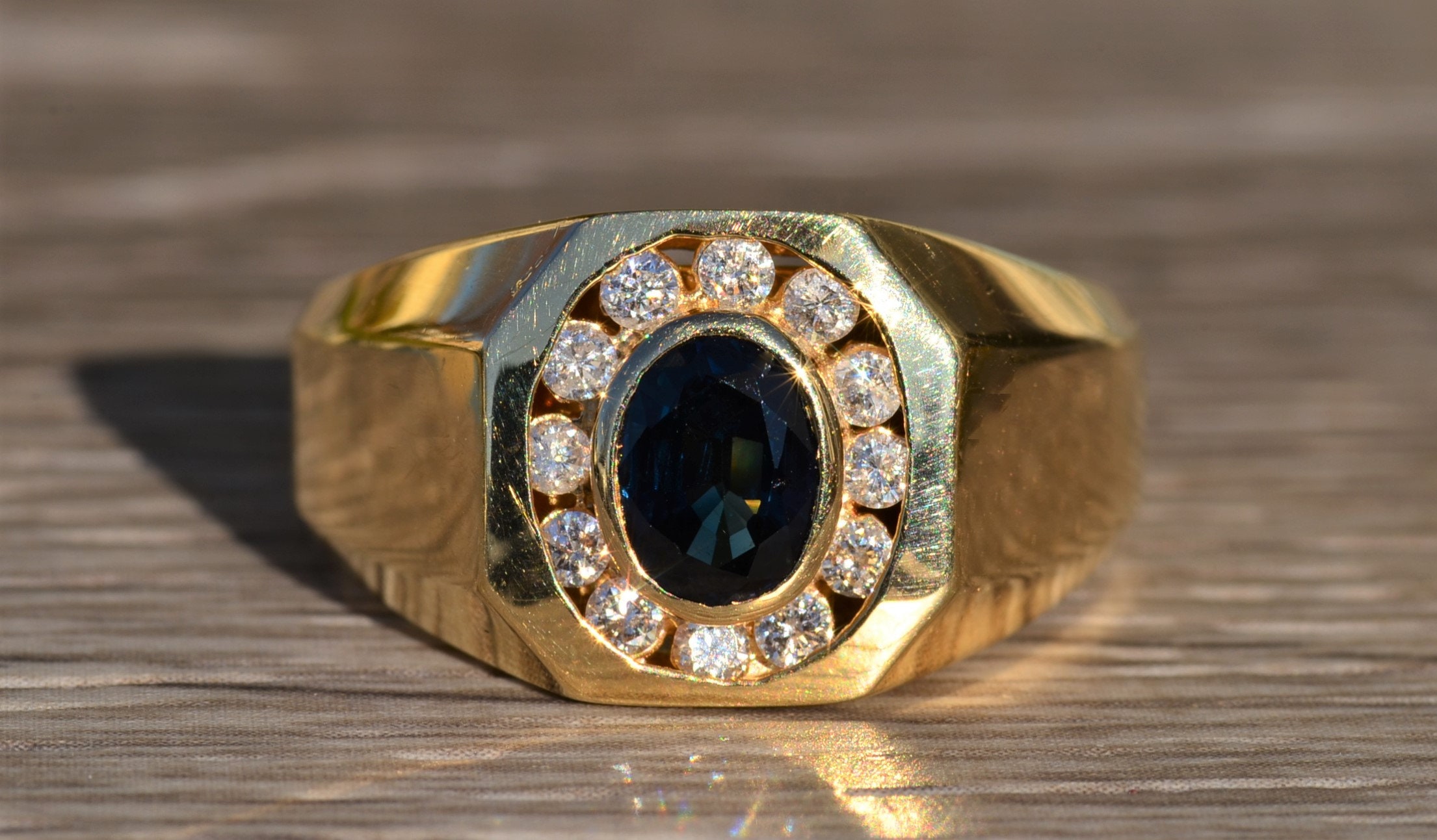 SOLD - The Kynan: Men's 14K Sapphire and Diamond Halo Ring - Image 6