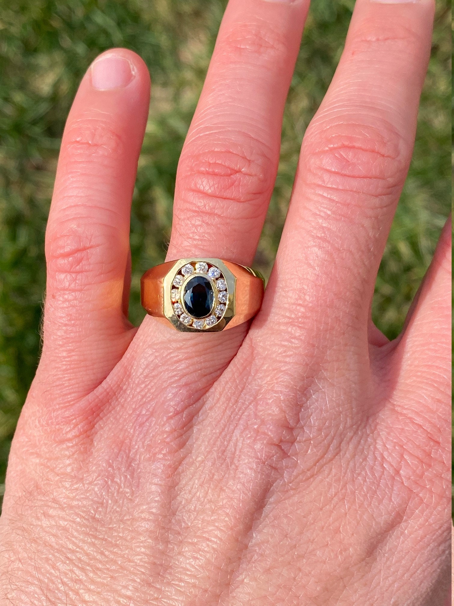 SOLD - The Kynan: Men's 14K Sapphire and Diamond Halo Ring - Image 7