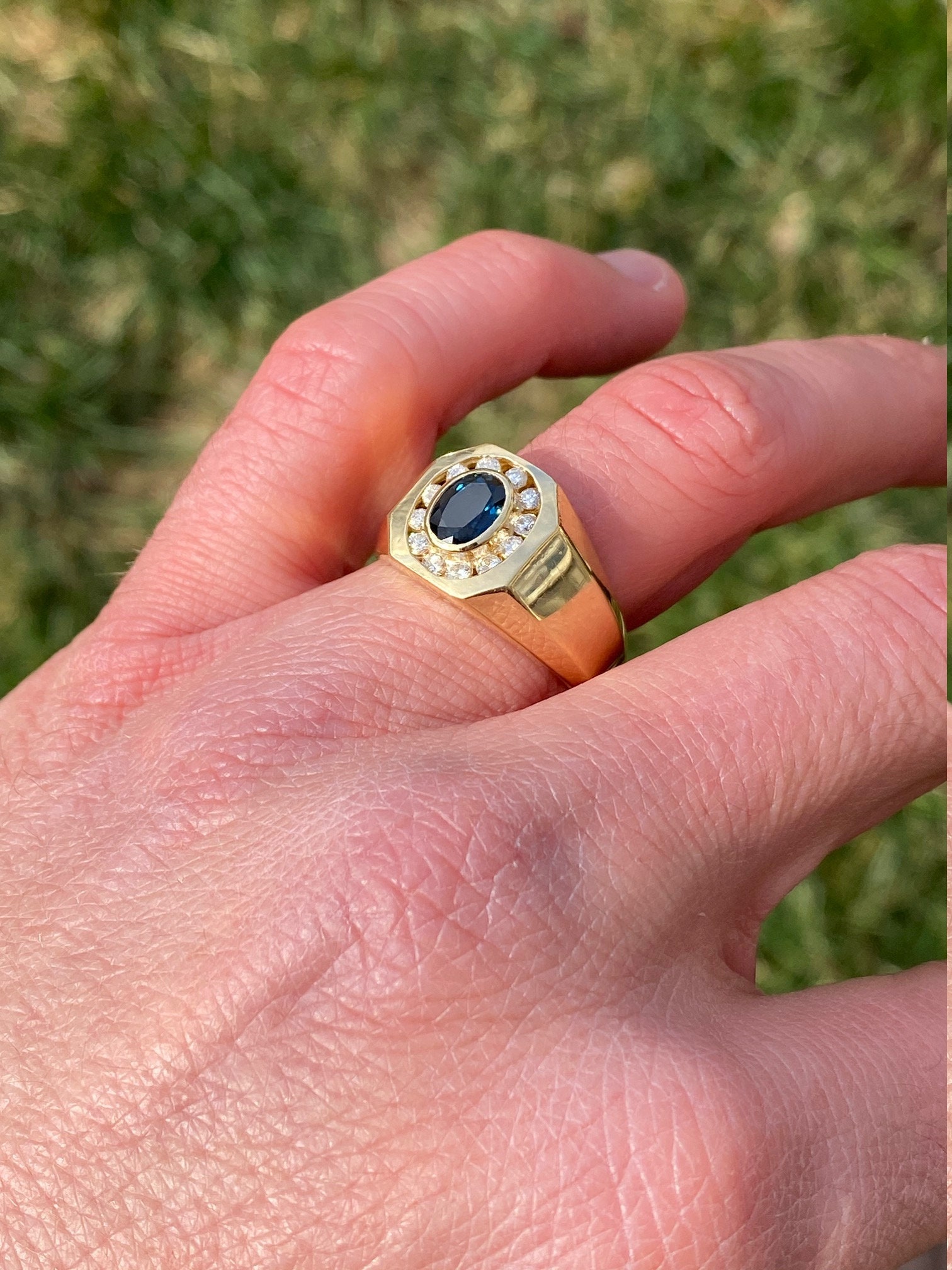SOLD - The Kynan: Men's 14K Sapphire and Diamond Halo Ring - Image 8