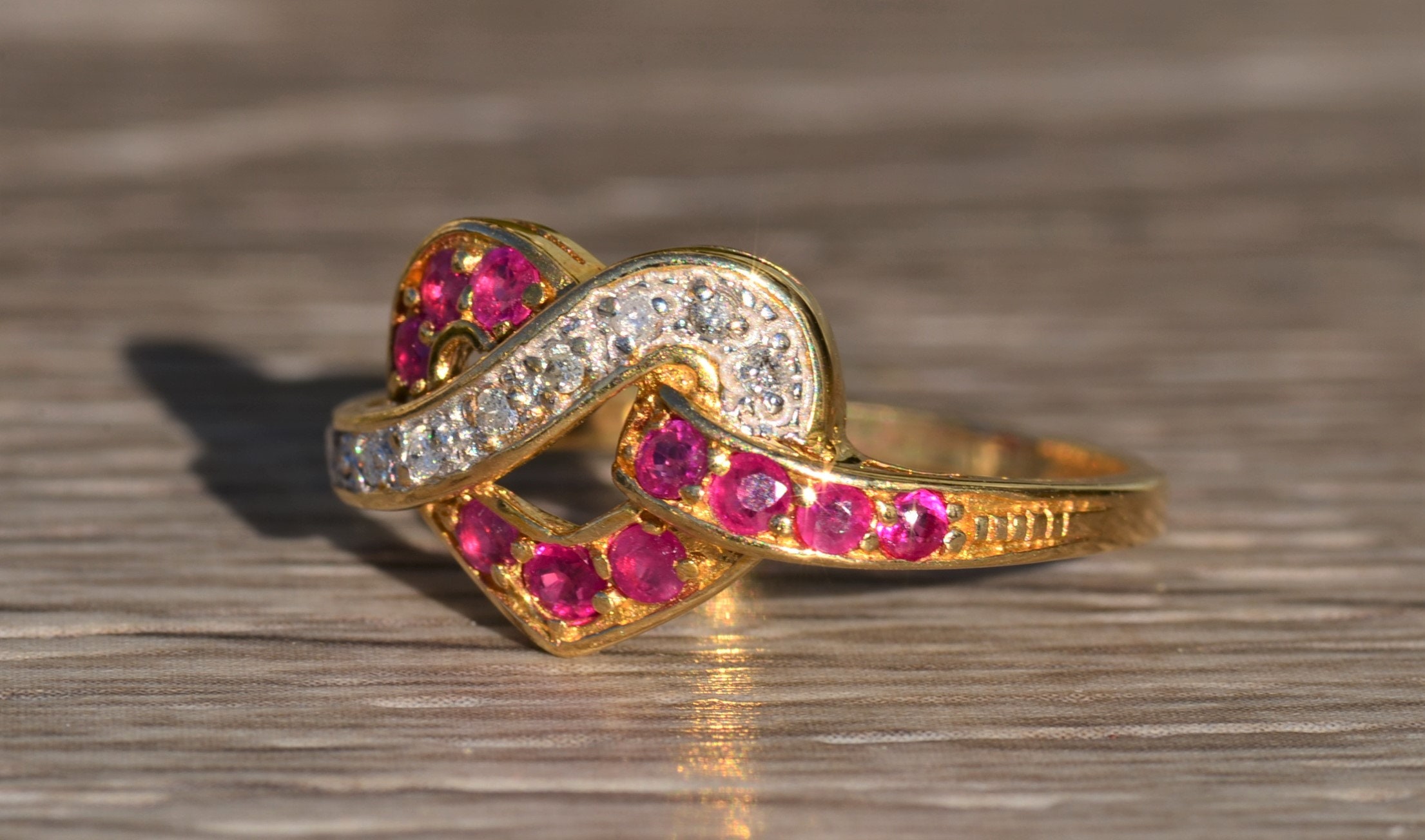 SOLD - The Rhodri: Ladies 14K Gold Bypass Heart Ring set with Rubies and Diamonds - Image 2