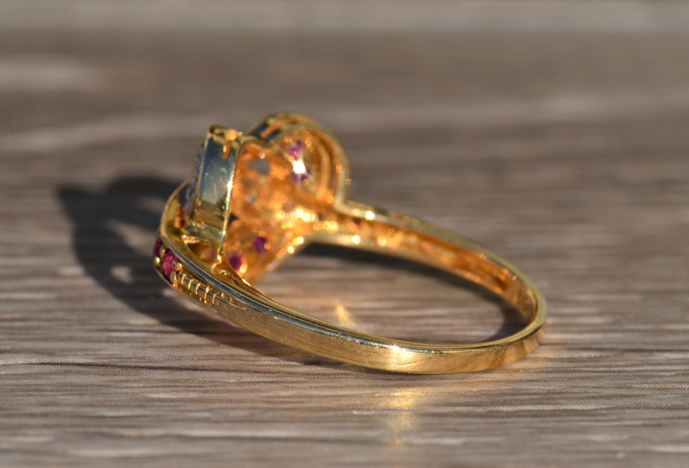SOLD - The Rhodri: Ladies 14K Gold Bypass Heart Ring set with Rubies and Diamonds - Image 3