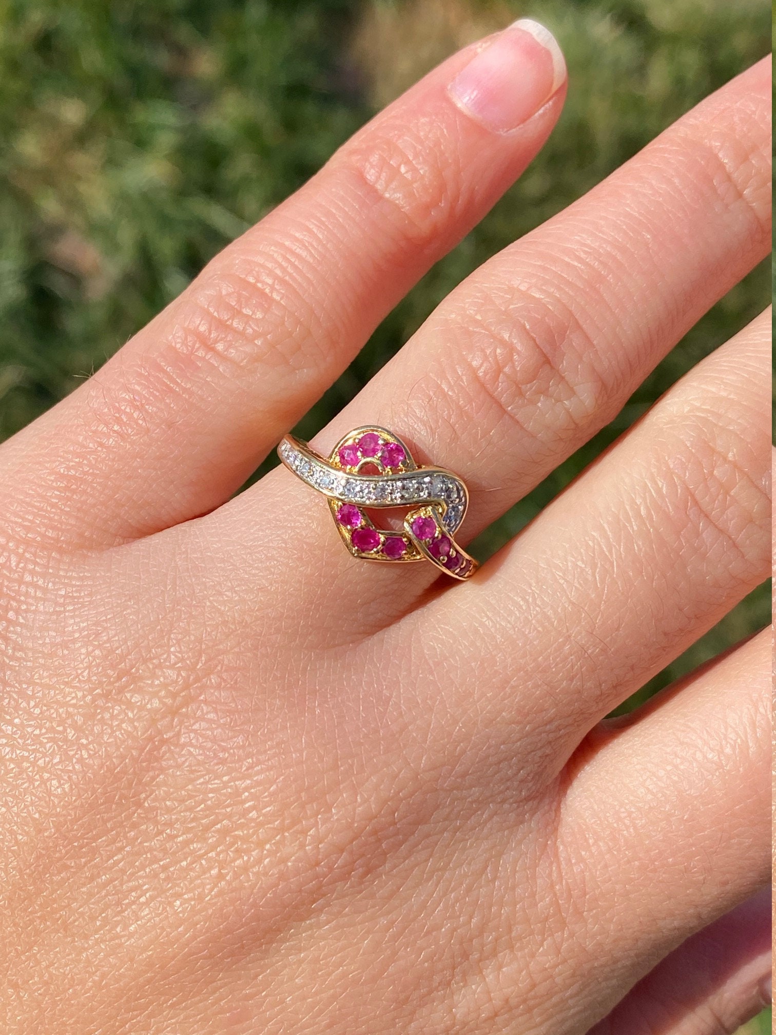 SOLD - The Rhodri: Ladies 14K Gold Bypass Heart Ring set with Rubies and Diamonds - Image 6