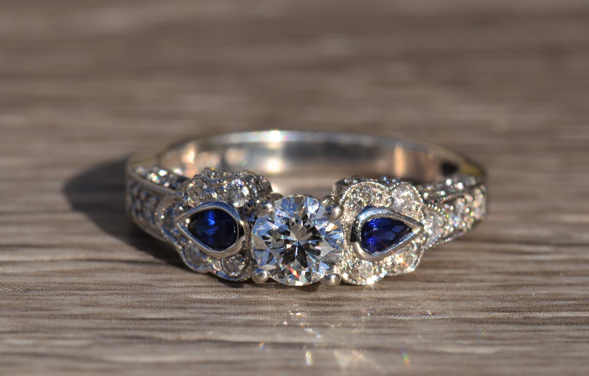 The Orana: Ladies Ornate Diamond and Sapphire Engagement Ring in 14K - Image 6