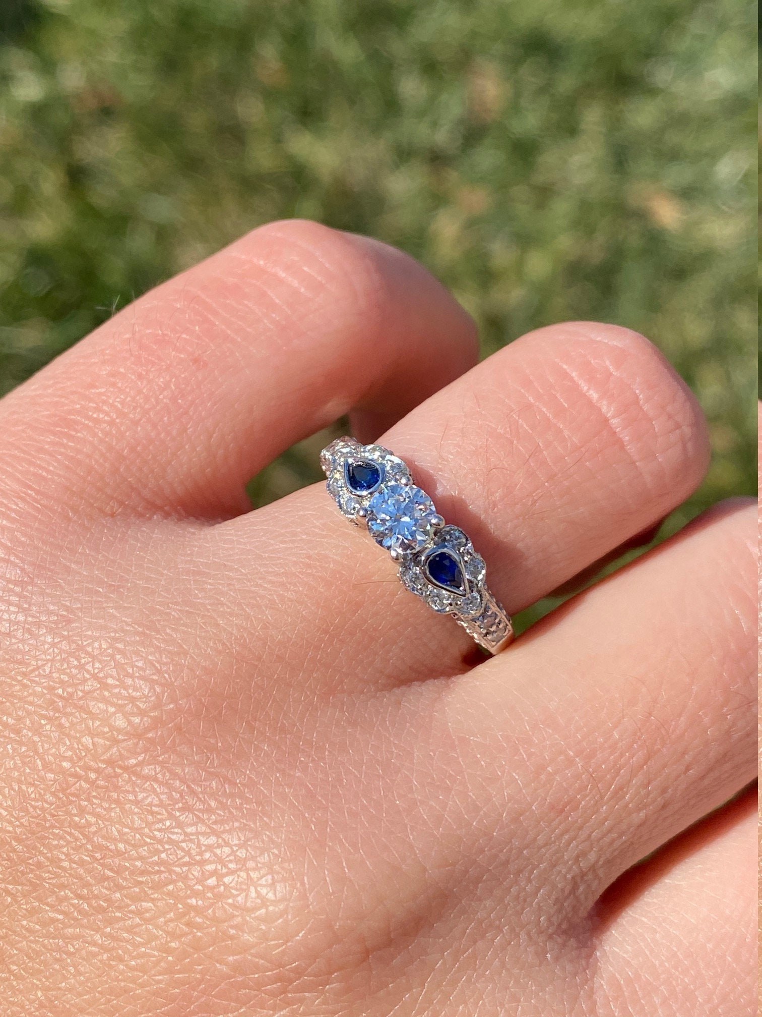 The Orana: Ladies Ornate Diamond and Sapphire Engagement Ring in 14K - Image 8