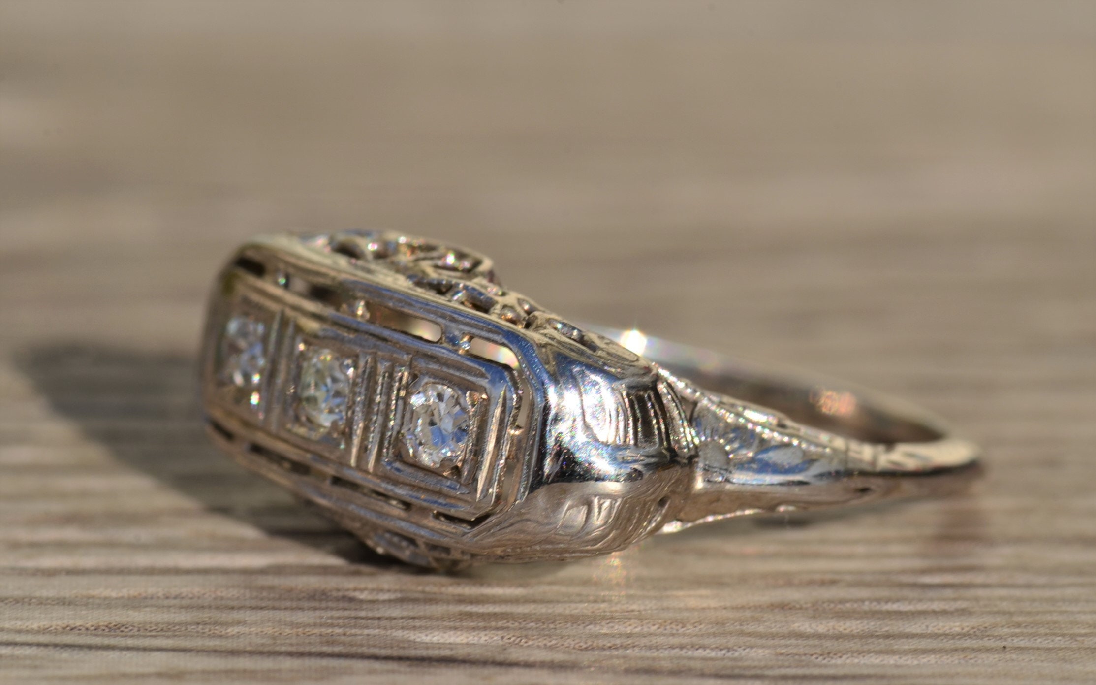 The Kalare: Antique Ladies Three Diamond Ring in 14K White Gold - Image 2