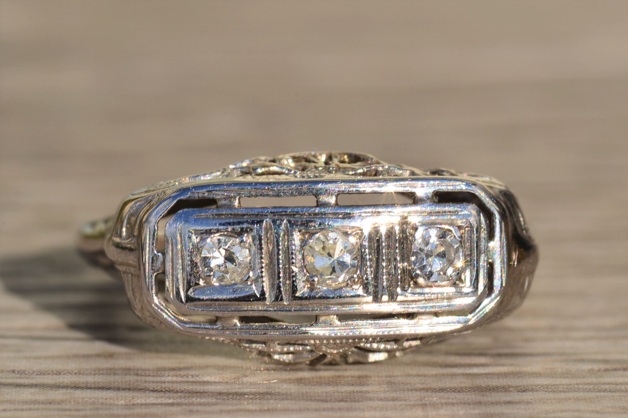 The Kalare: Antique Ladies Three Diamond Ring in 14K White Gold - Image 6