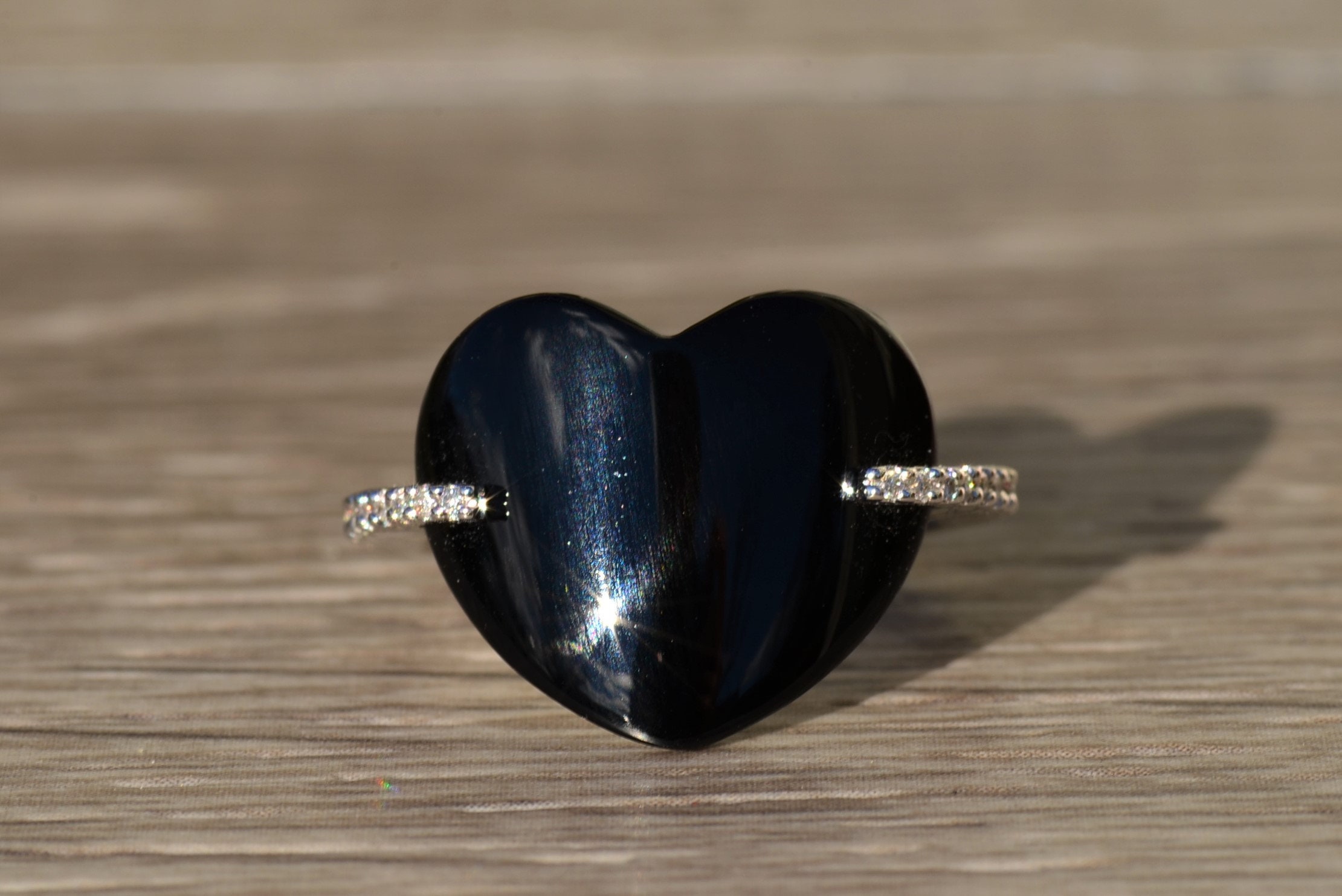 The Branka: Ladies Contemporary Curved Onyx Heart and Diamond Ring - Image 7