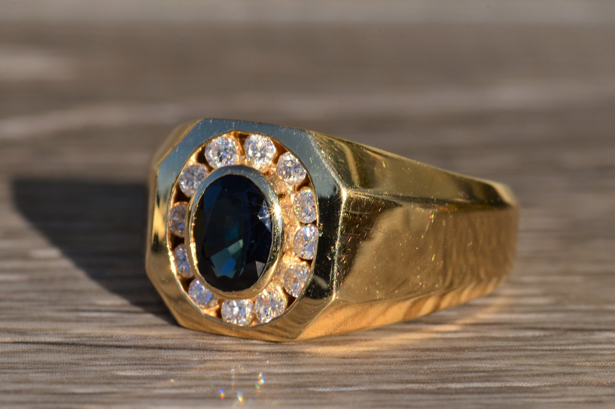 SOLD - The Kynan: Men's 14K Sapphire and Diamond Halo Ring - Image 2