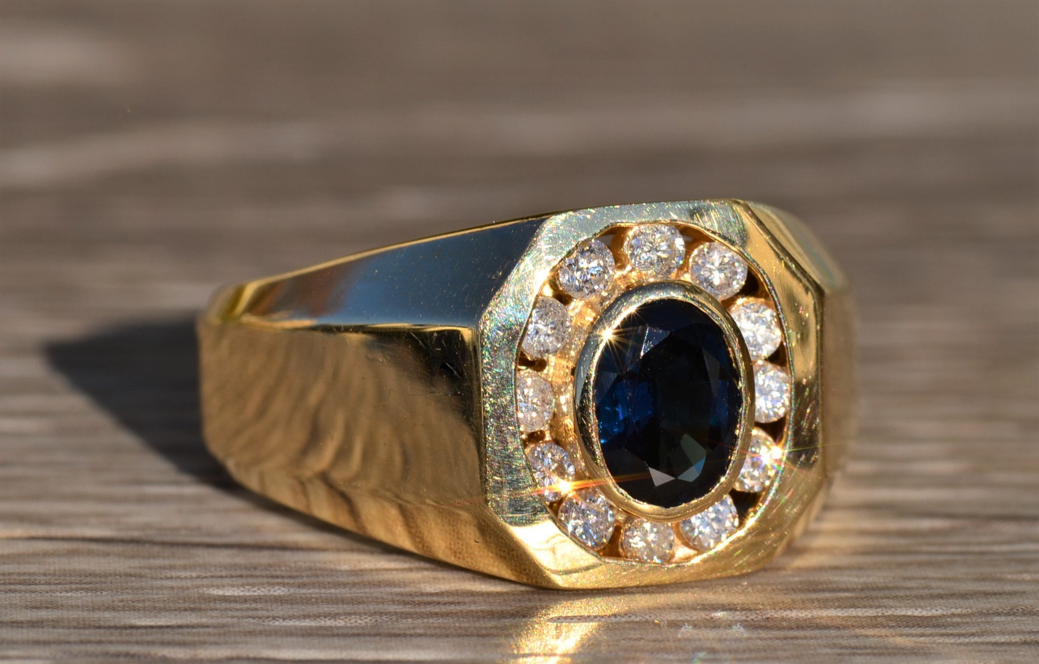 SOLD - The Kynan: Men's 14K Sapphire and Diamond Halo Ring - Image 5