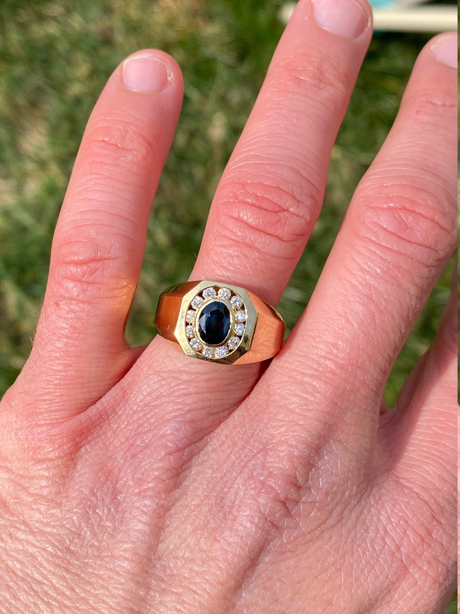 SOLD - The Kynan: Men's 14K Sapphire and Diamond Halo Ring - Image 10