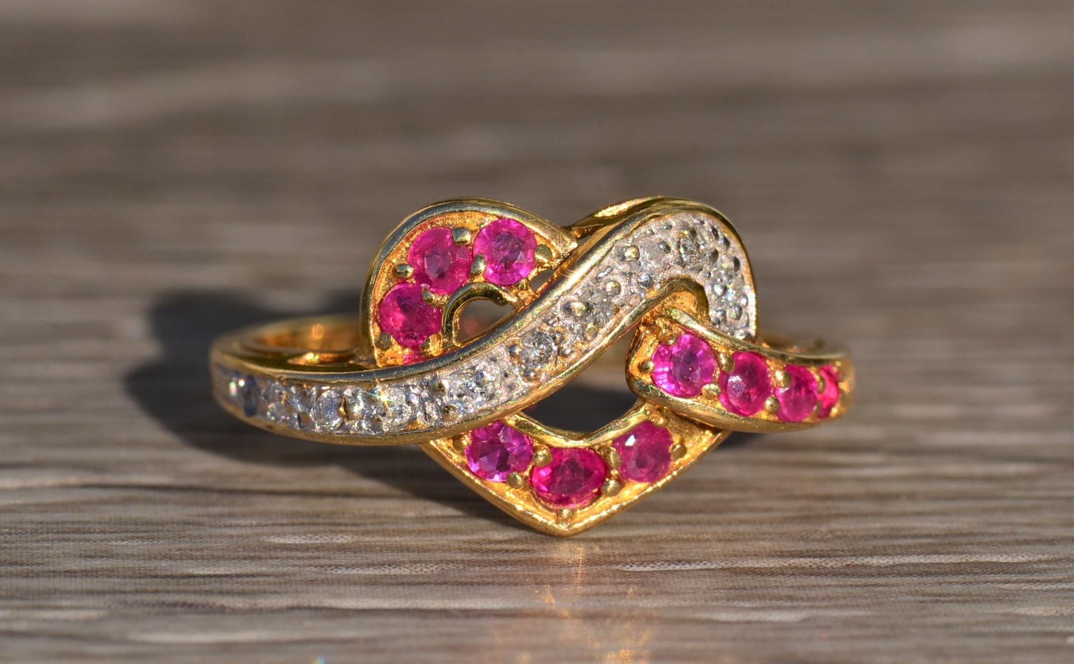 SOLD - The Rhodri: Ladies 14K Gold Bypass Heart Ring set with Rubies and Diamonds - Image 5