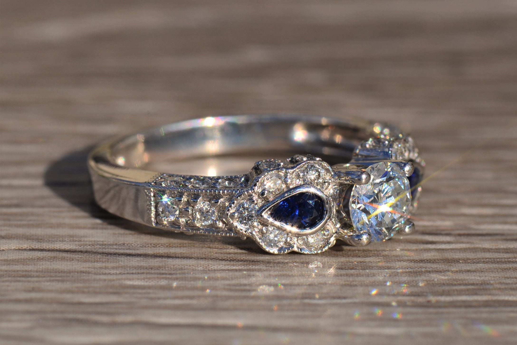 The Orana: Ladies Ornate Diamond and Sapphire Engagement Ring in 14K - Image 5