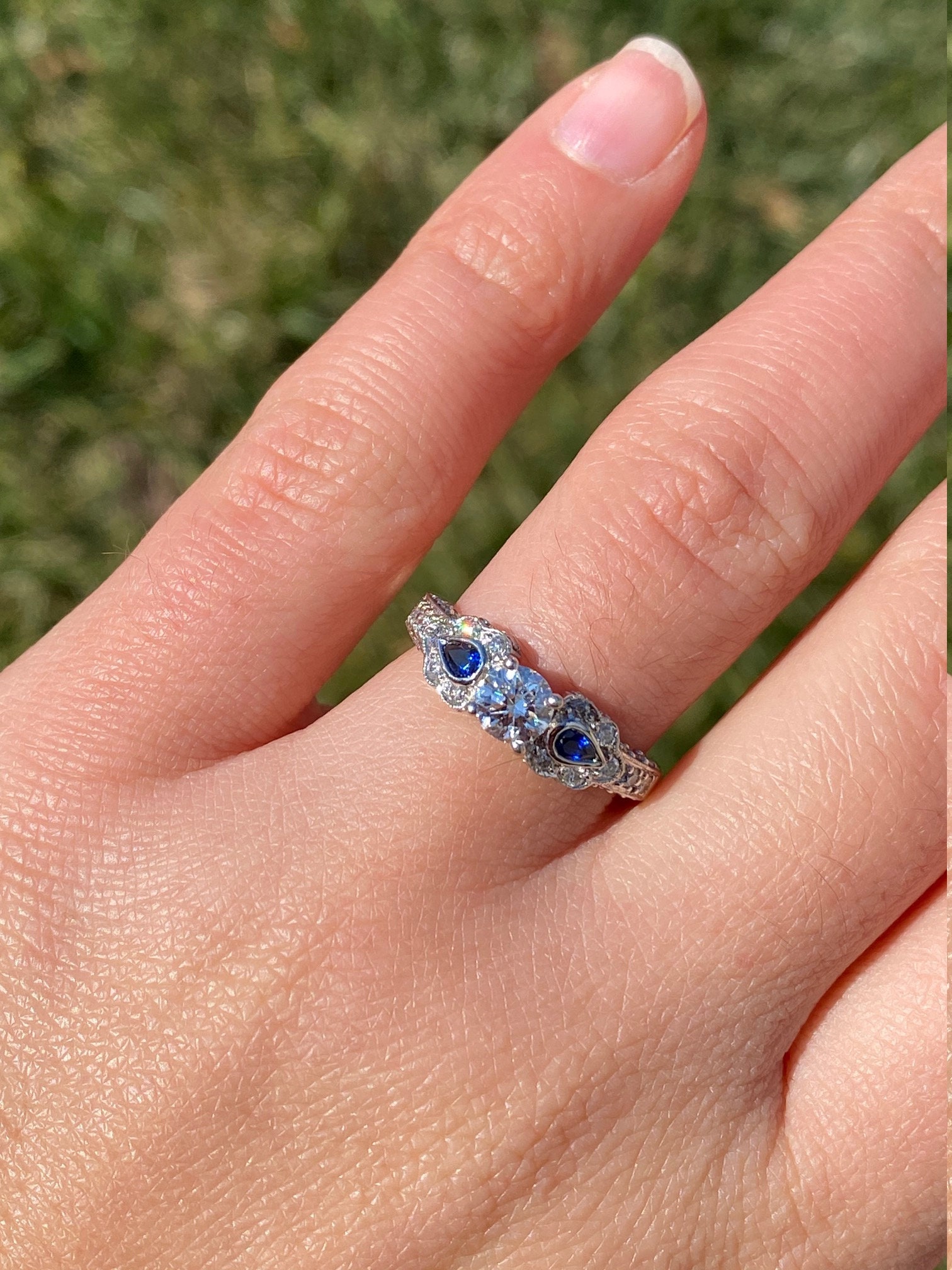 The Orana: Ladies Ornate Diamond and Sapphire Engagement Ring in 14K - Image 9