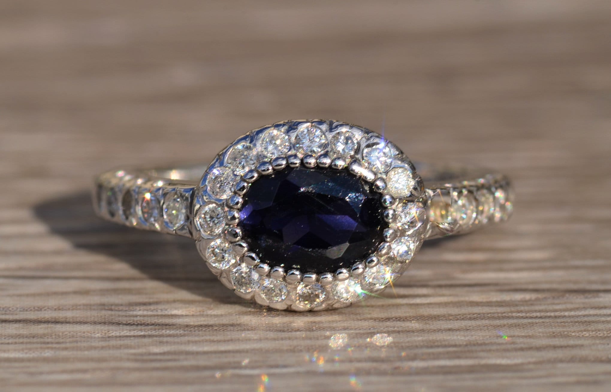 The Circe: Ladies Iolite and Diamond Halo Ring in 14K - Image 6