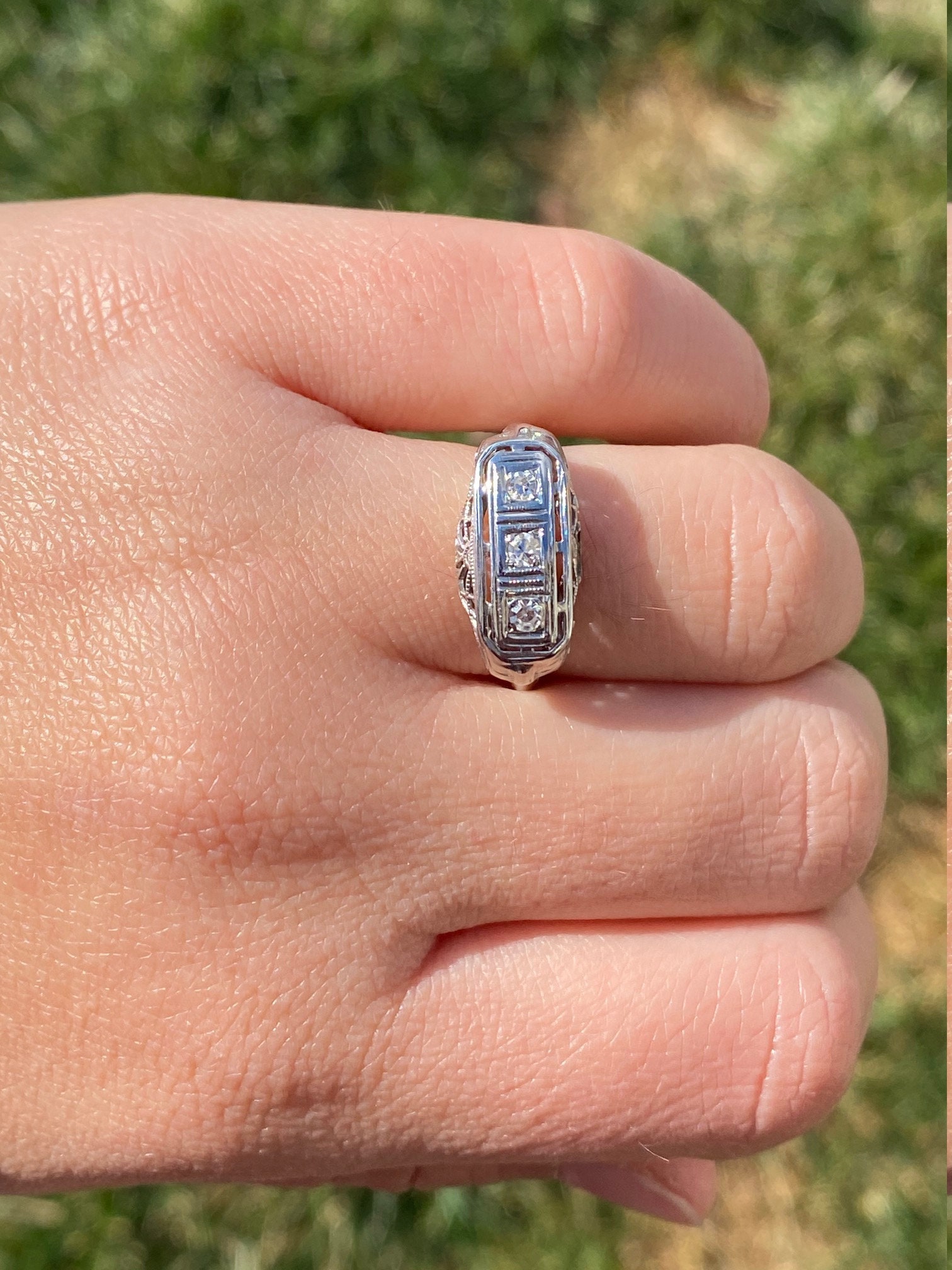 The Kalare: Antique Ladies Three Diamond Ring in 14K White Gold - Image 10