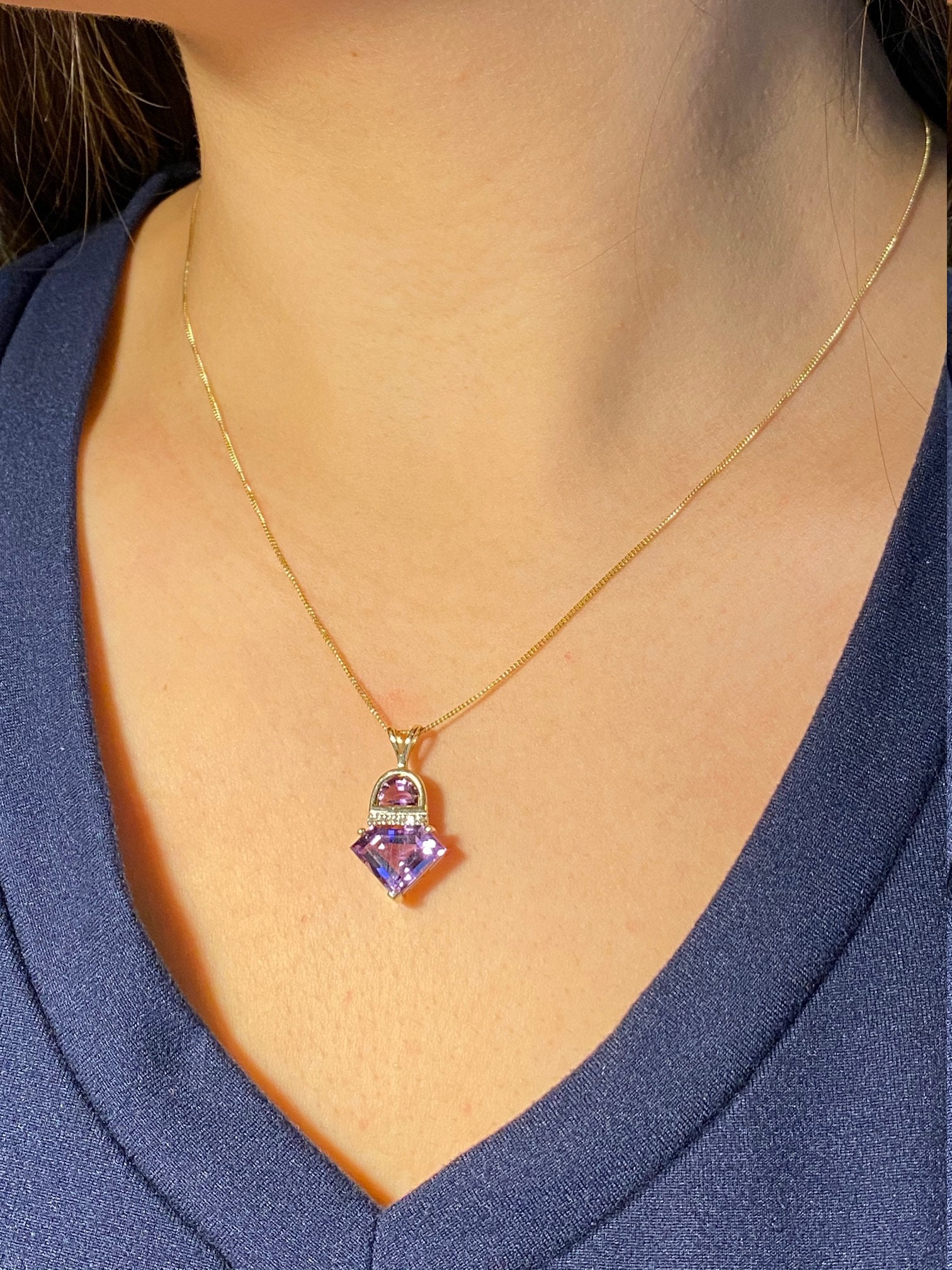 The Livia: Ladies Contemporary Amethyst and Diamond Necklace in 14K - Image 4
