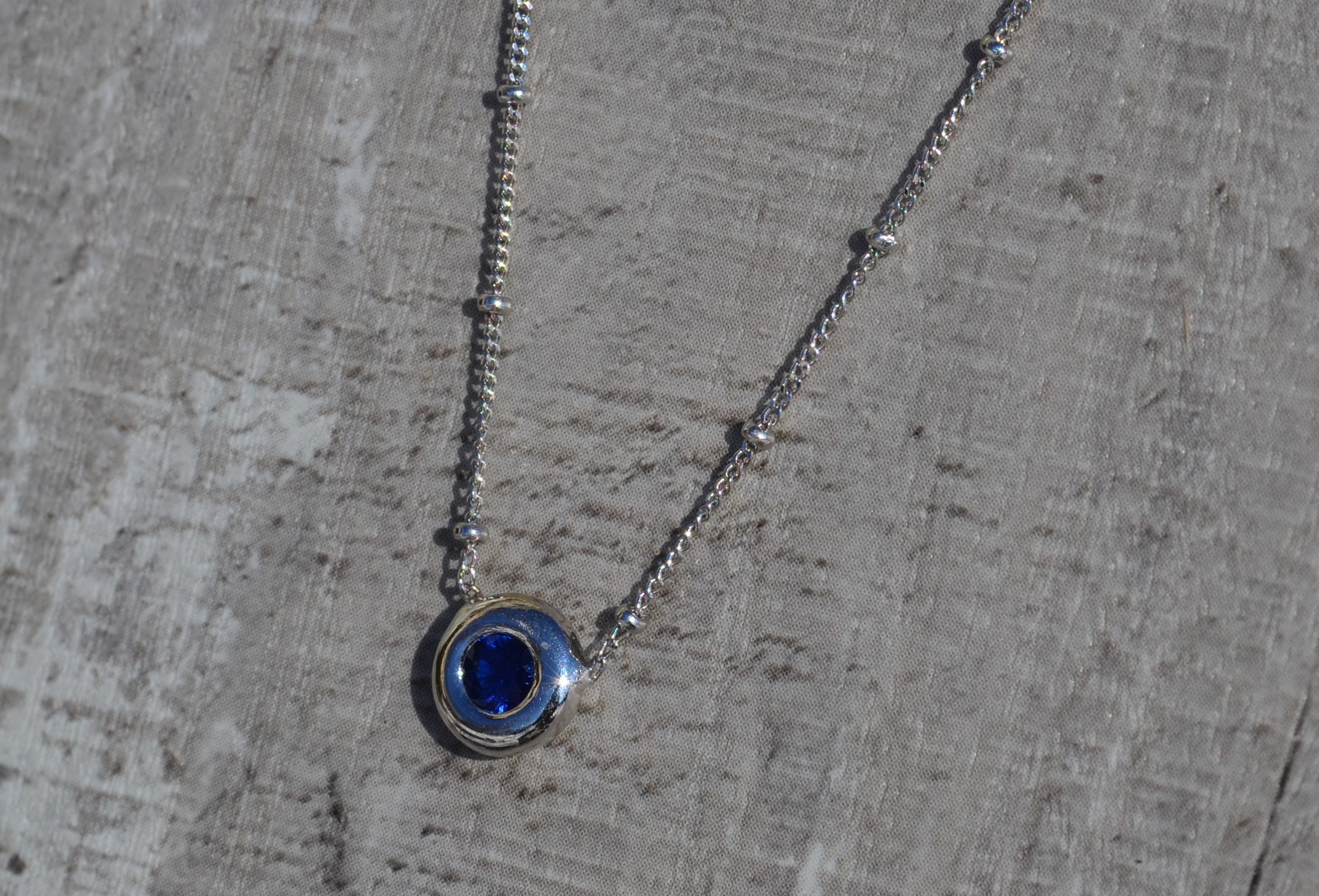 The Athena: Ladies Bezel Set Sapphire and 14K White Gold Station Chain - Image 2
