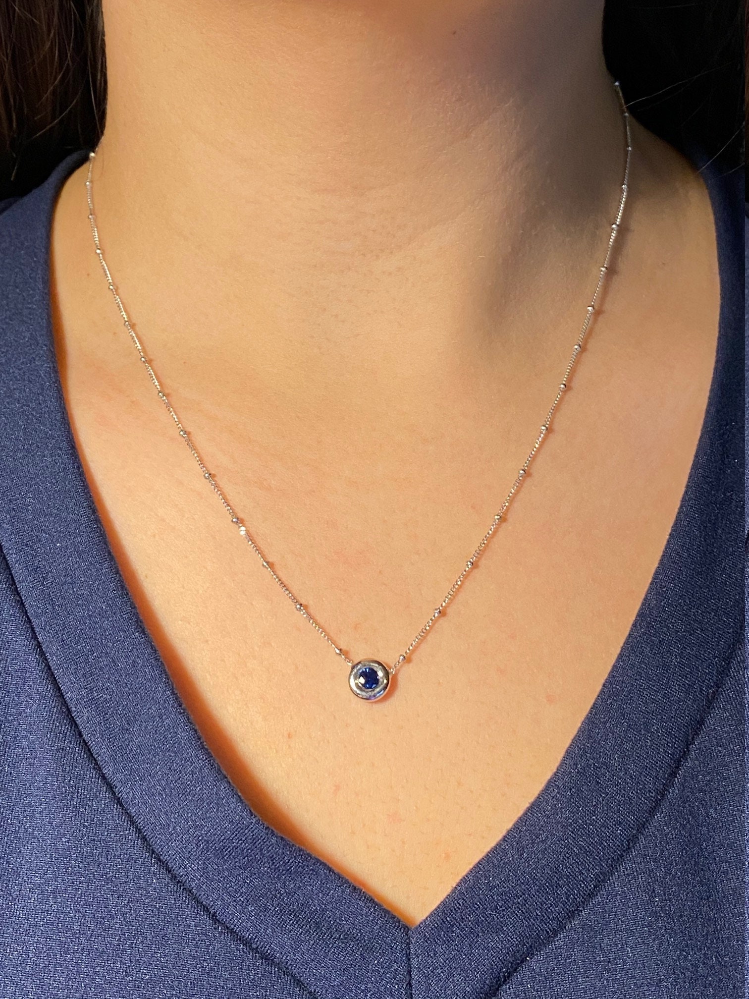 The Athena: Ladies Bezel Set Sapphire and 14K White Gold Station Chain - Image 3