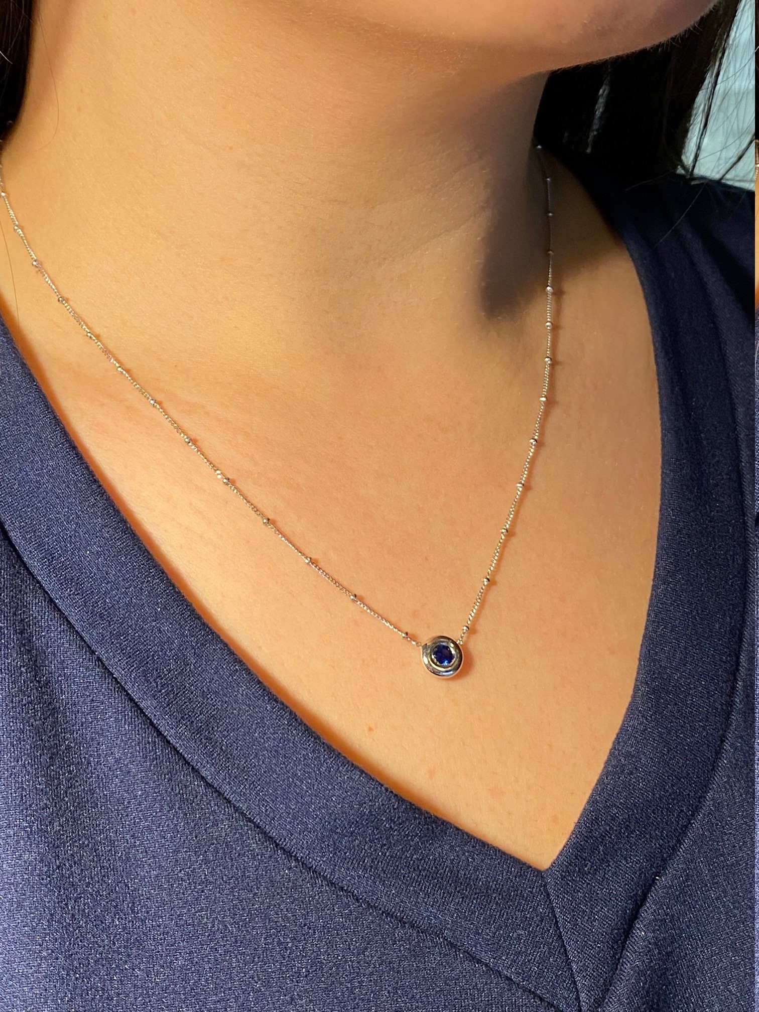 The Athena: Ladies Bezel Set Sapphire and 14K White Gold Station Chain - Image 4