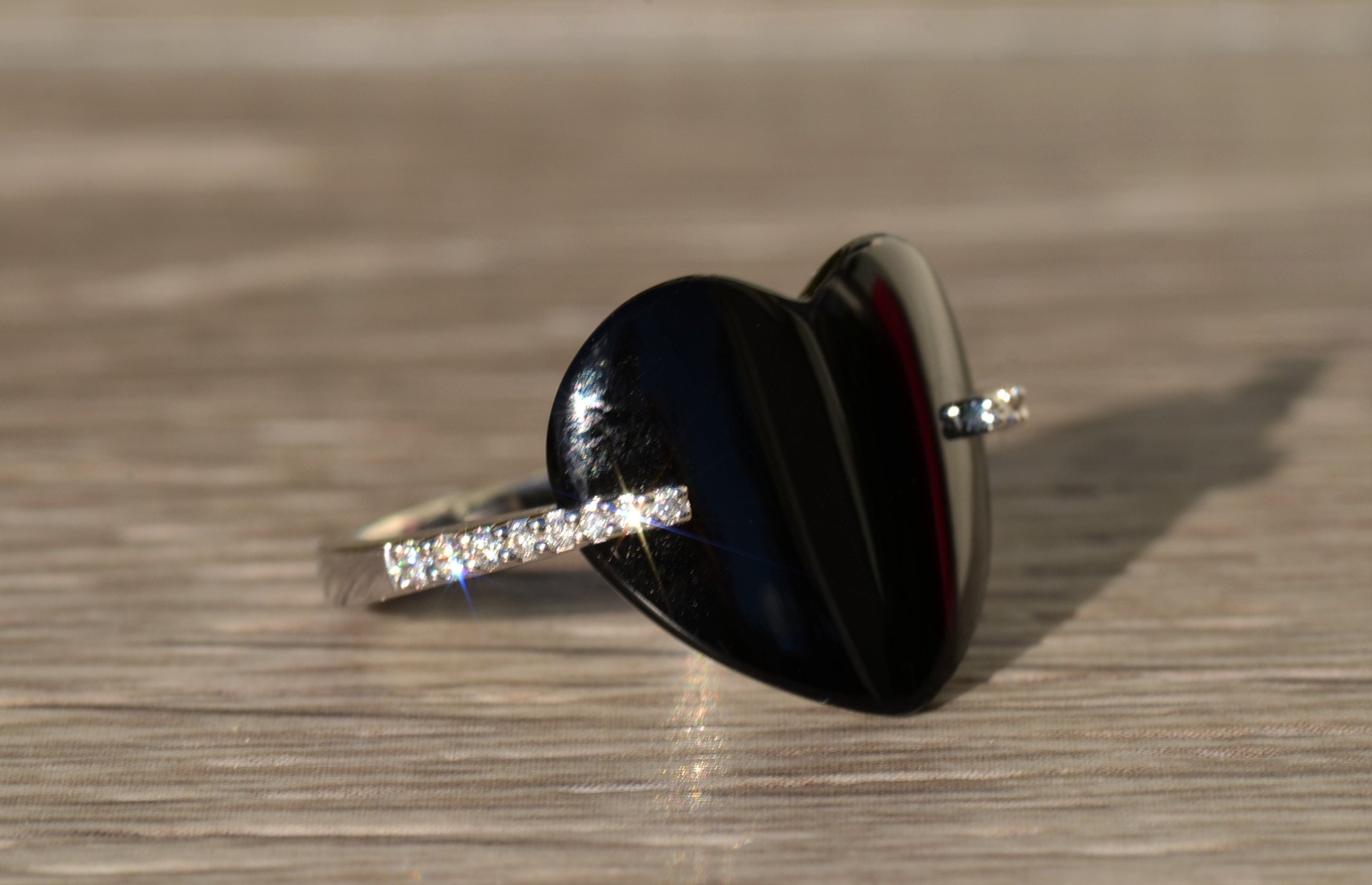 The Branka: Ladies Contemporary Curved Onyx Heart and Diamond Ring - Image 6