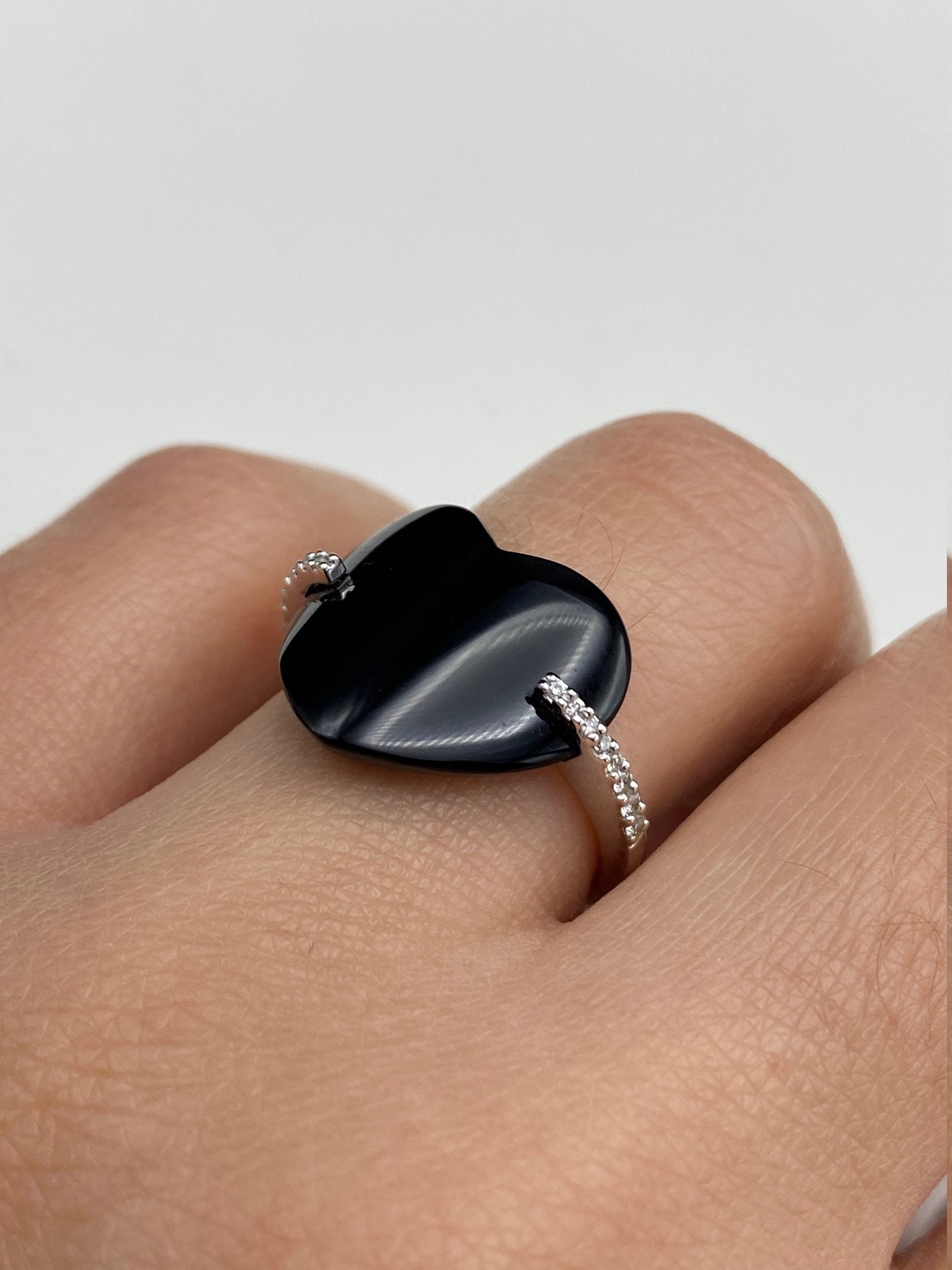 The Branka: Ladies Contemporary Curved Onyx Heart and Diamond Ring - Image 9