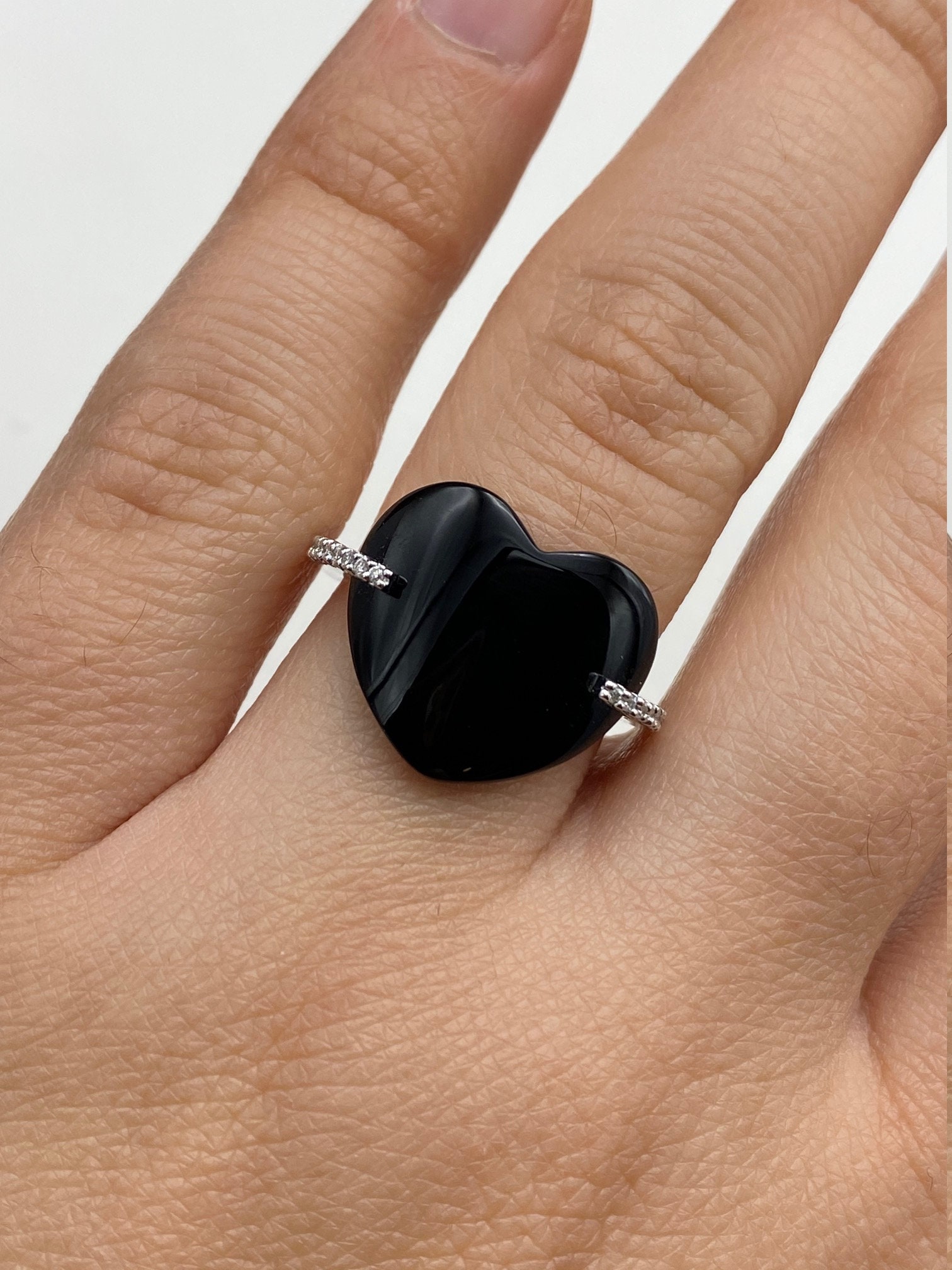 The Branka: Ladies Contemporary Curved Onyx Heart and Diamond Ring - Image 8