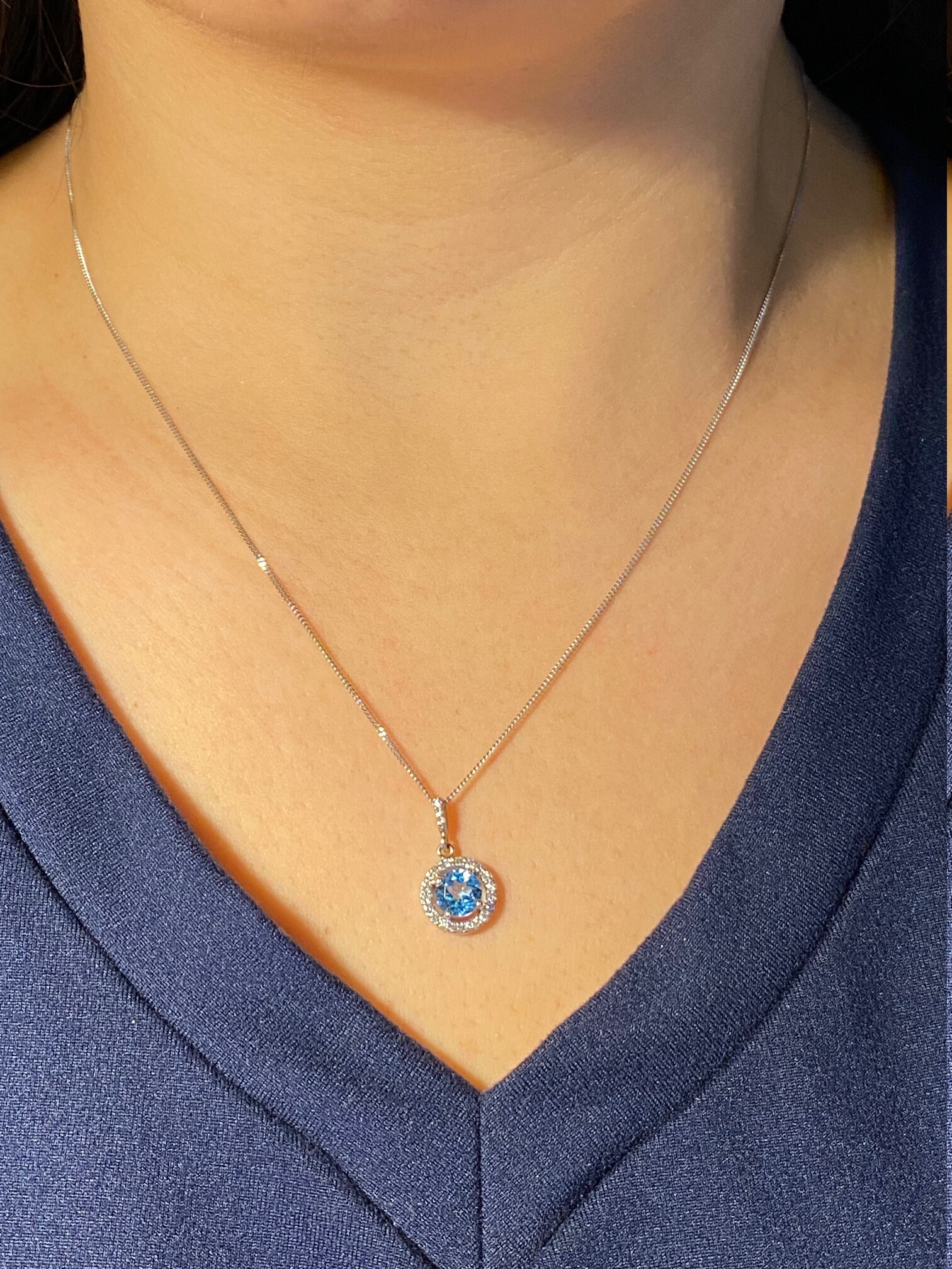 The Elliana: Ladies Topaz and Diamond Halo Necklace in 14K - Image 3