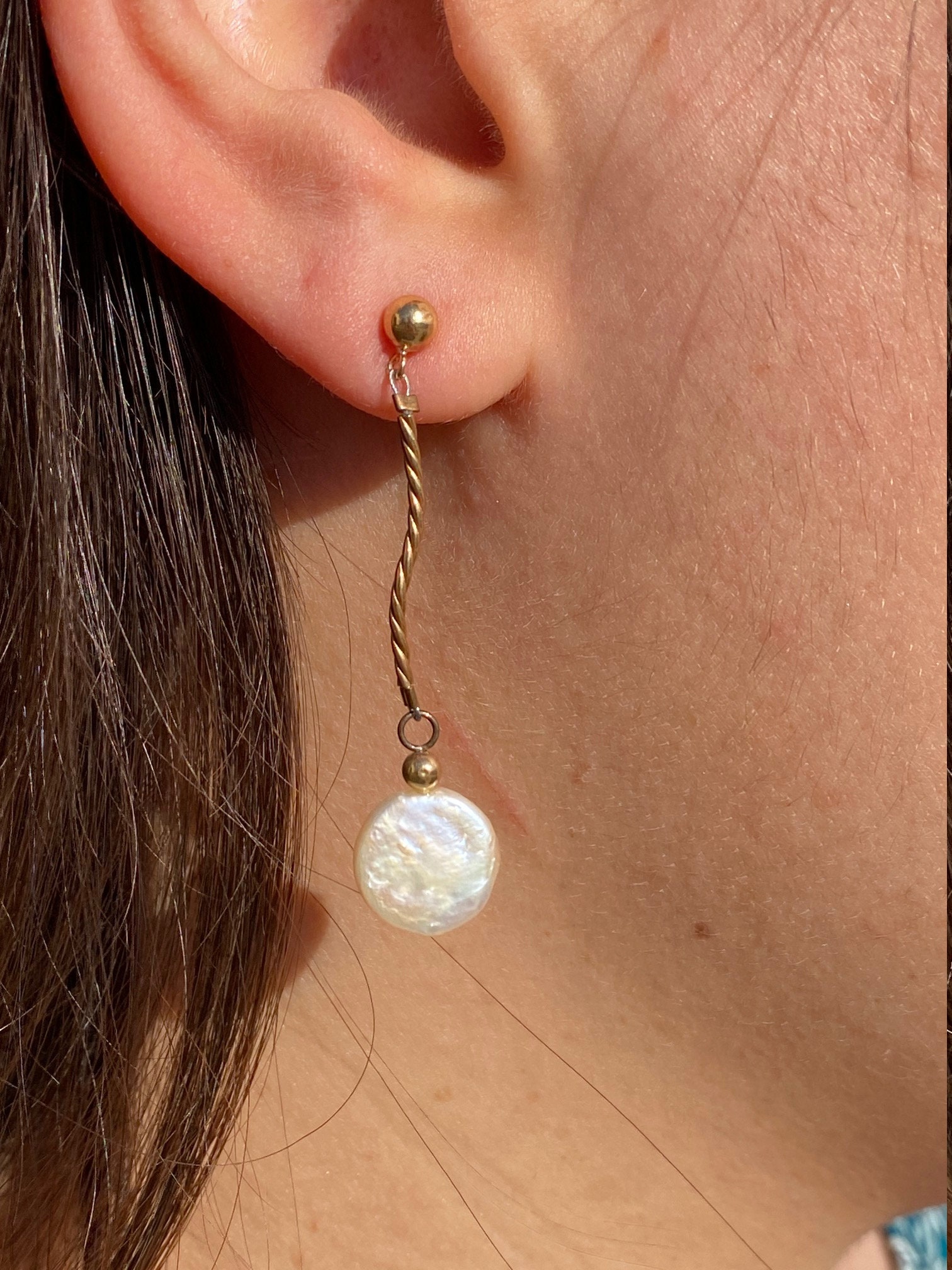 The Lourdes: Ladies Contemporary 14K Pearl Dangler Earrings - Image 3