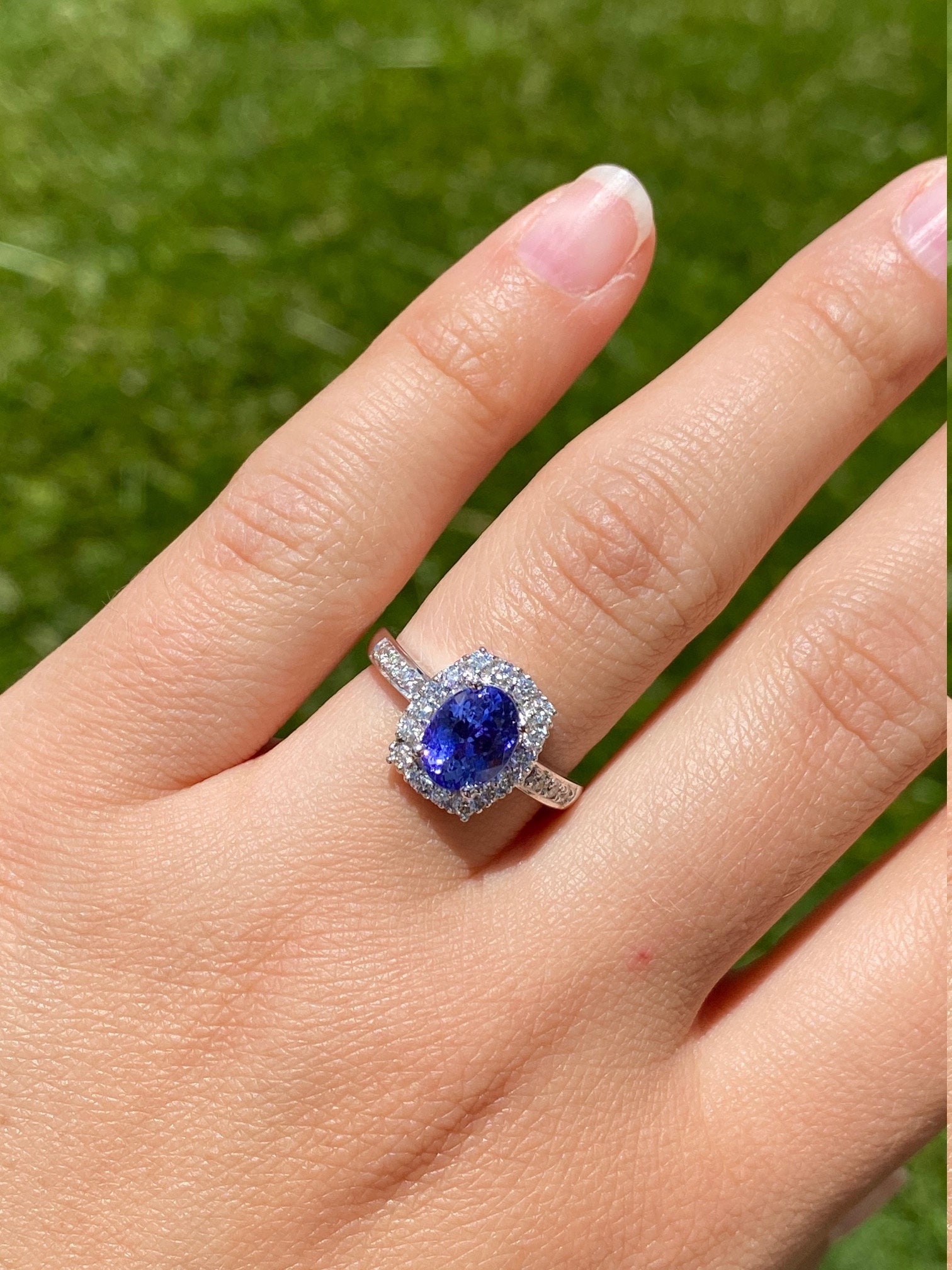 SOLD - The Amapola: Ladies 18K White Gold Tanzanite and Diamond Halo Engagement Ring - Image 7