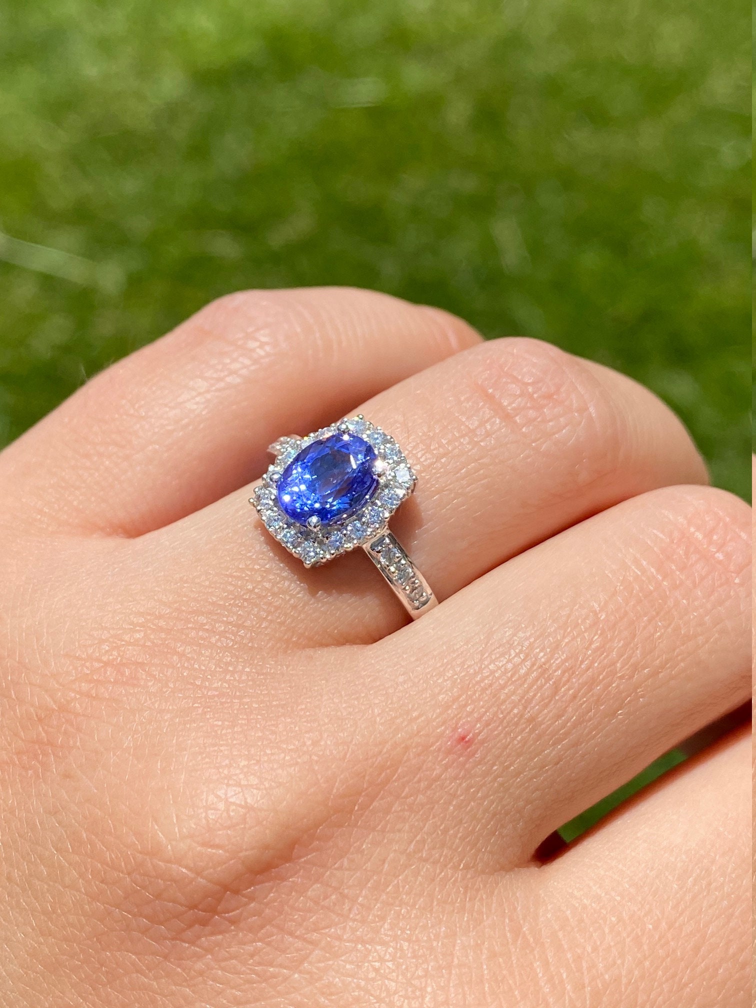SOLD - The Amapola: Ladies 18K White Gold Tanzanite and Diamond Halo Engagement Ring - Image 8