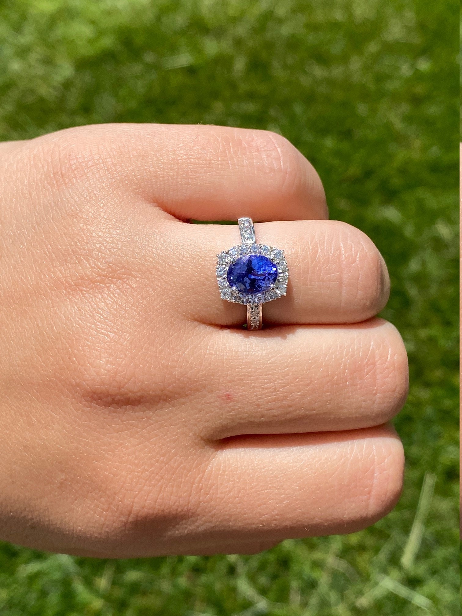 SOLD - The Amapola: Ladies 18K White Gold Tanzanite and Diamond Halo Engagement Ring - Image 9