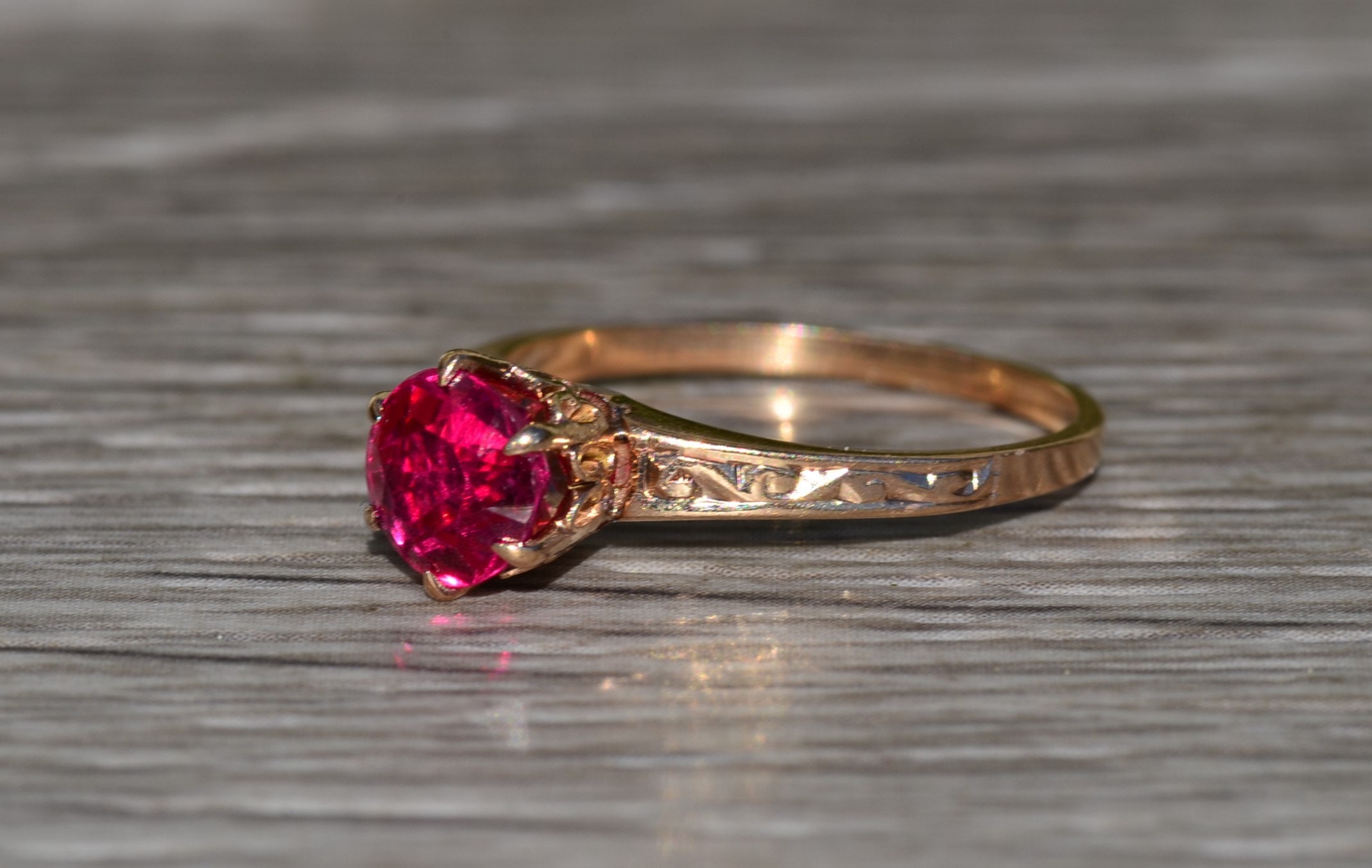 The Ensign Drive: Ladies Antique 14K Rose Gold Engagement Ring set with Laboratory Grown Ruby - Image 2