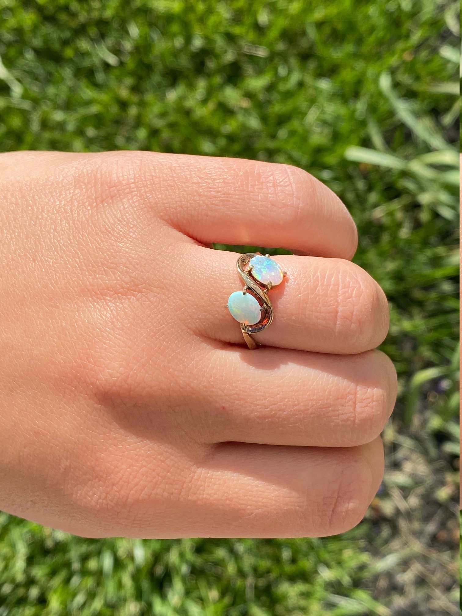 SOLD - The Zinnia: Ladies Antique Opal Toi et Moi Ring in Yellow Gold - Image 9