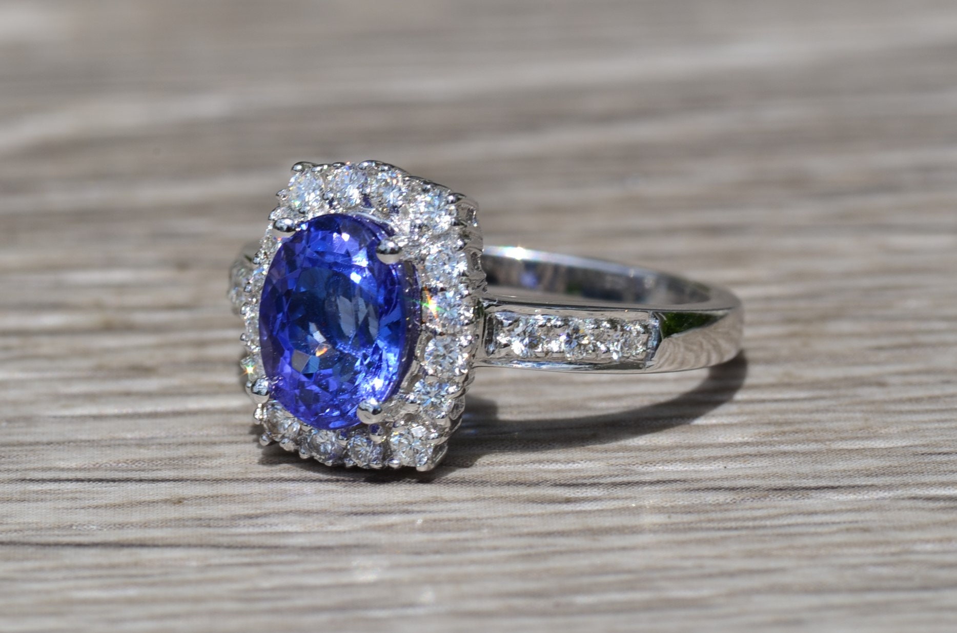 SOLD - The Amapola: Ladies 18K White Gold Tanzanite and Diamond Halo Engagement Ring - Image 2