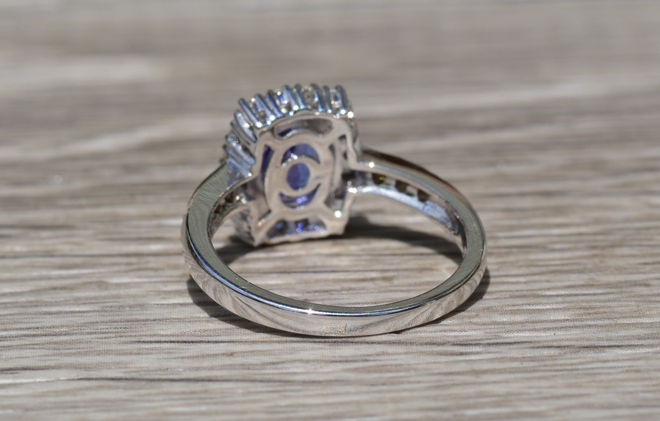 SOLD - The Amapola: Ladies 18K White Gold Tanzanite and Diamond Halo Engagement Ring - Image 3