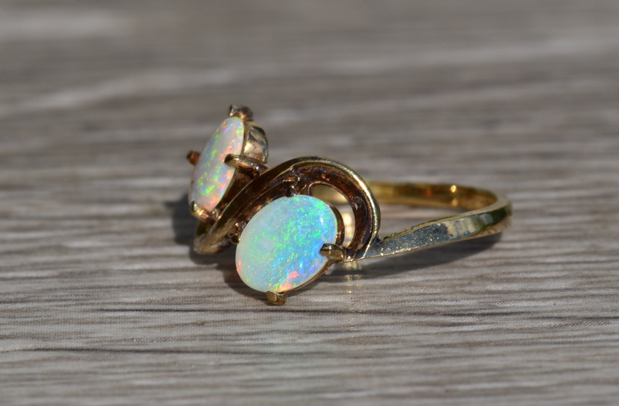 SOLD - The Zinnia: Ladies Antique Opal Toi et Moi Ring in Yellow Gold - Image 2