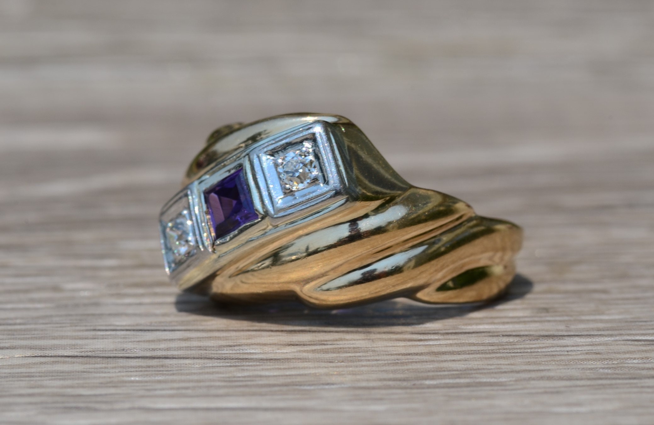 The Emerie: Gentlemen's Yellow Cocktail Ring set with Amethyst and Diamonds - Image 2