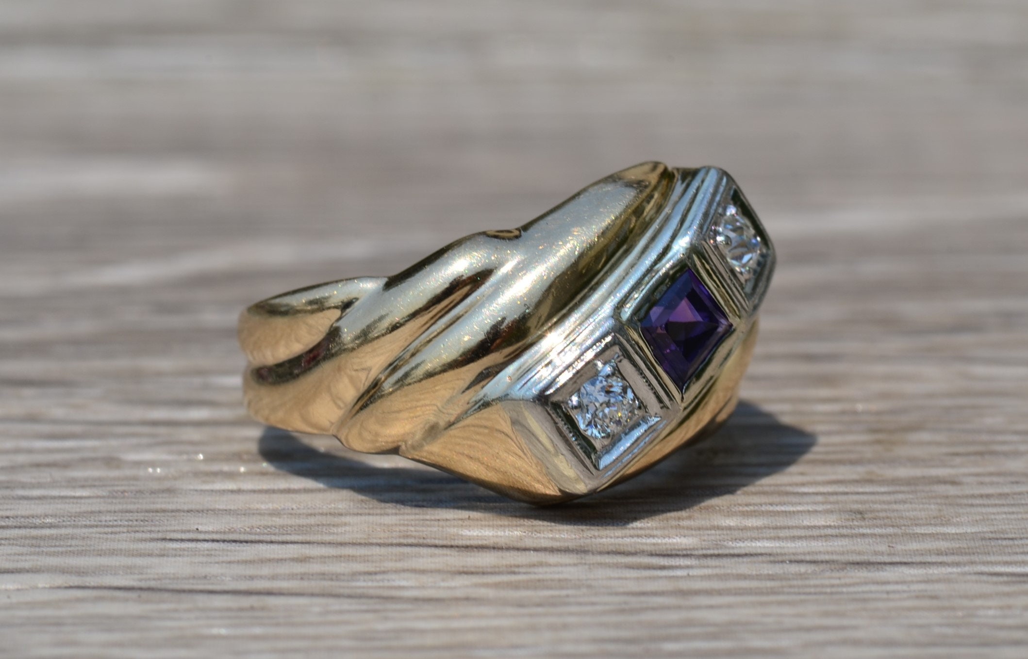 The Emerie: Gentlemen's Yellow Cocktail Ring set with Amethyst and Diamonds - Image 5