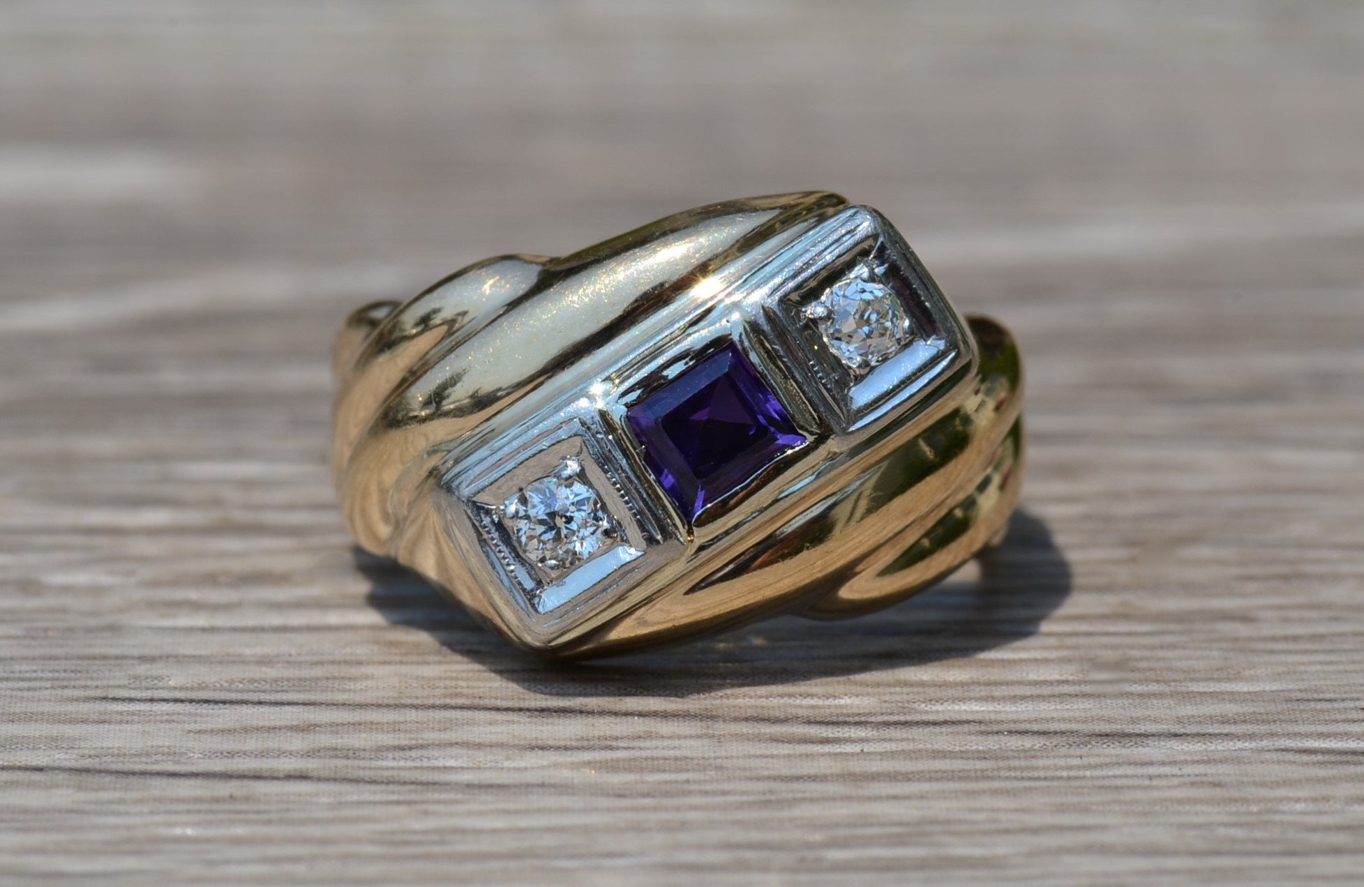 The Emerie: Gentlemen's Yellow Cocktail Ring set with Amethyst and Diamonds - Image 6