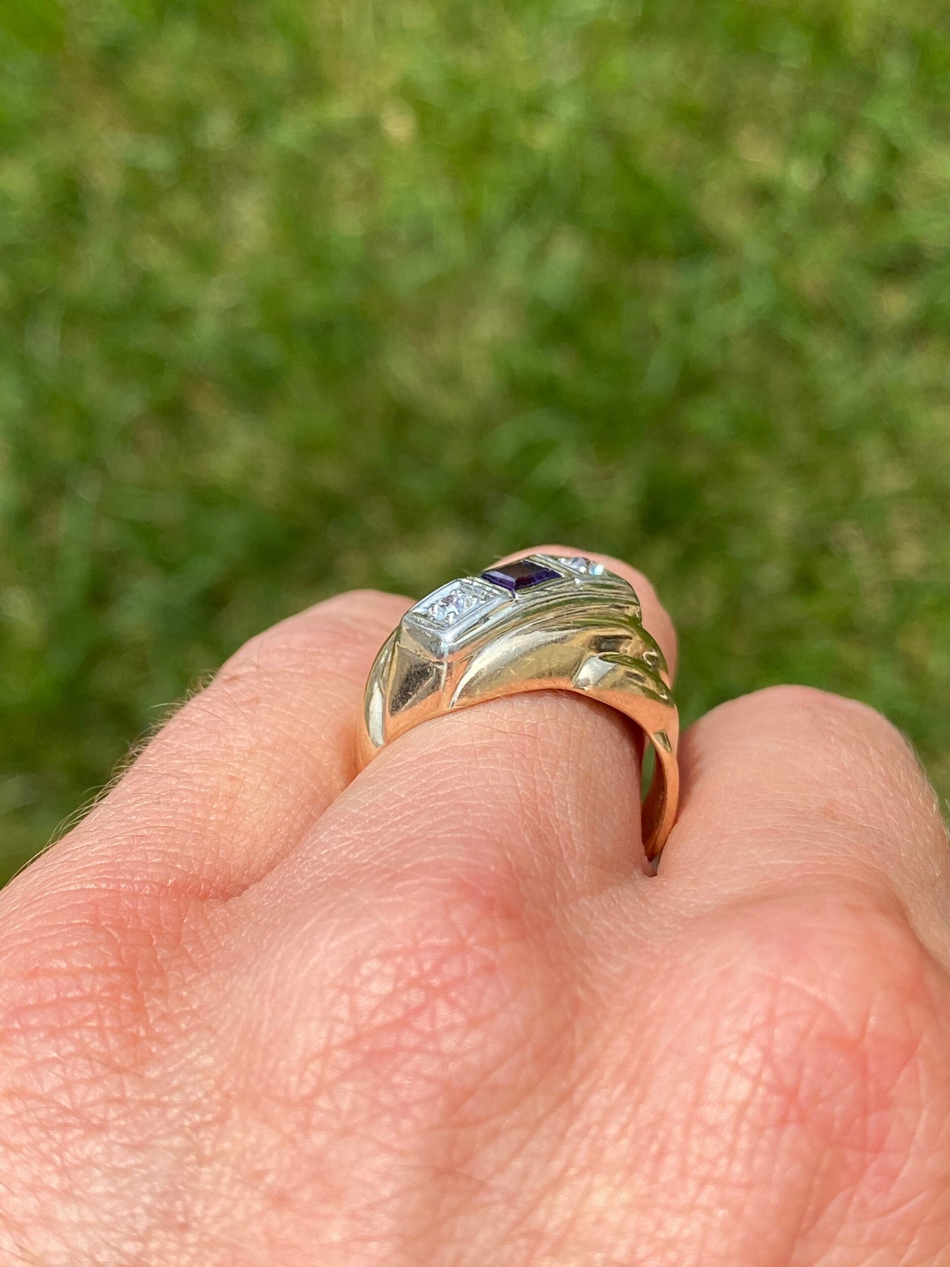 The Emerie: Gentlemen's Yellow Cocktail Ring set with Amethyst and Diamonds - Image 9