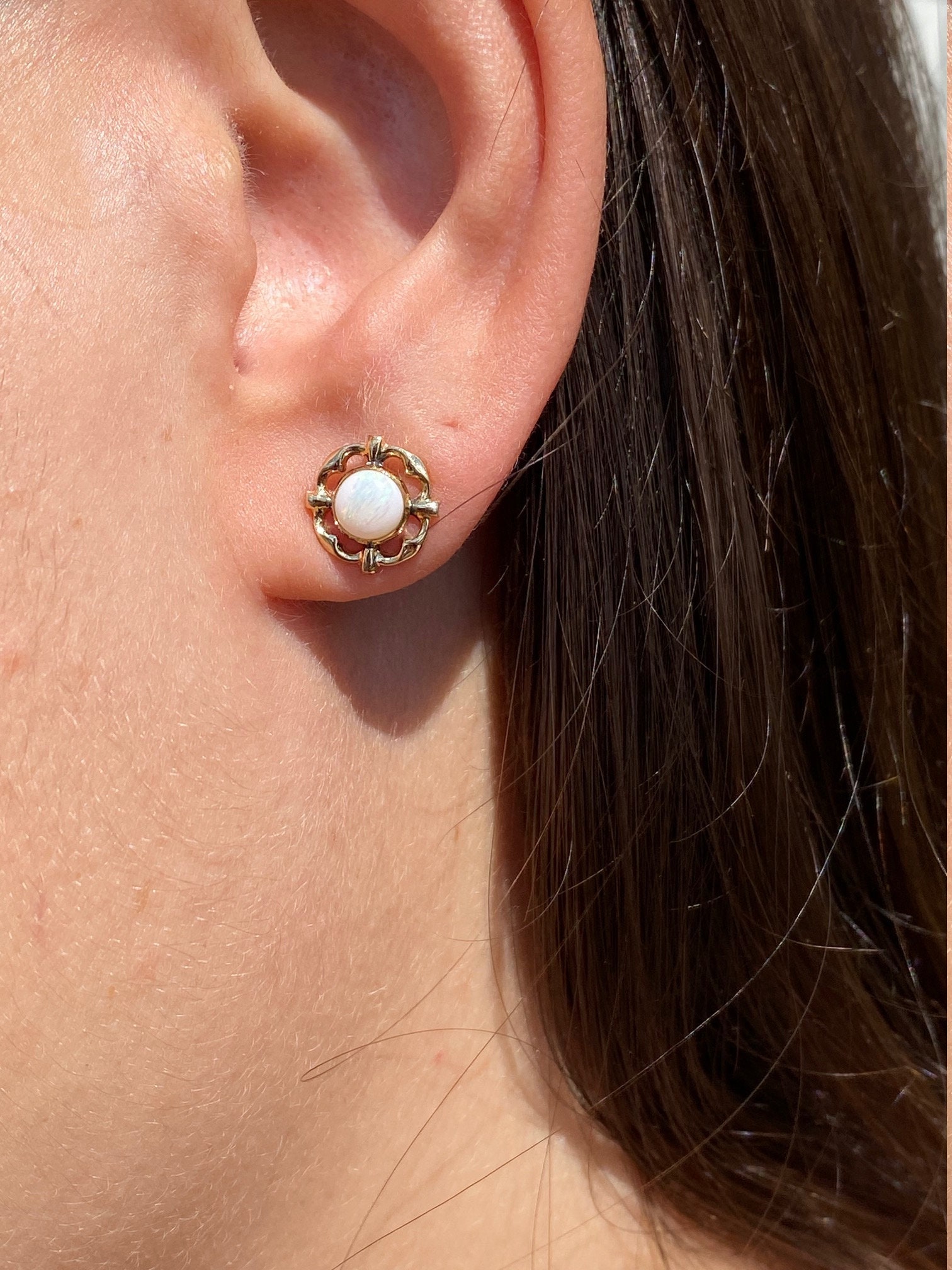 The Scintilla: Ladies Vintage 14K Gold Stud Earrings set with Australian Opal Centers - Image 3