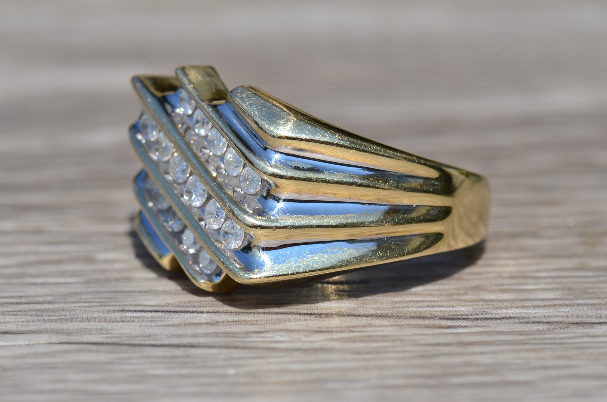 SOLD - The Deerfield Beach: Gentleman's Yellow Gold Angular Diamond Ring - Image 2