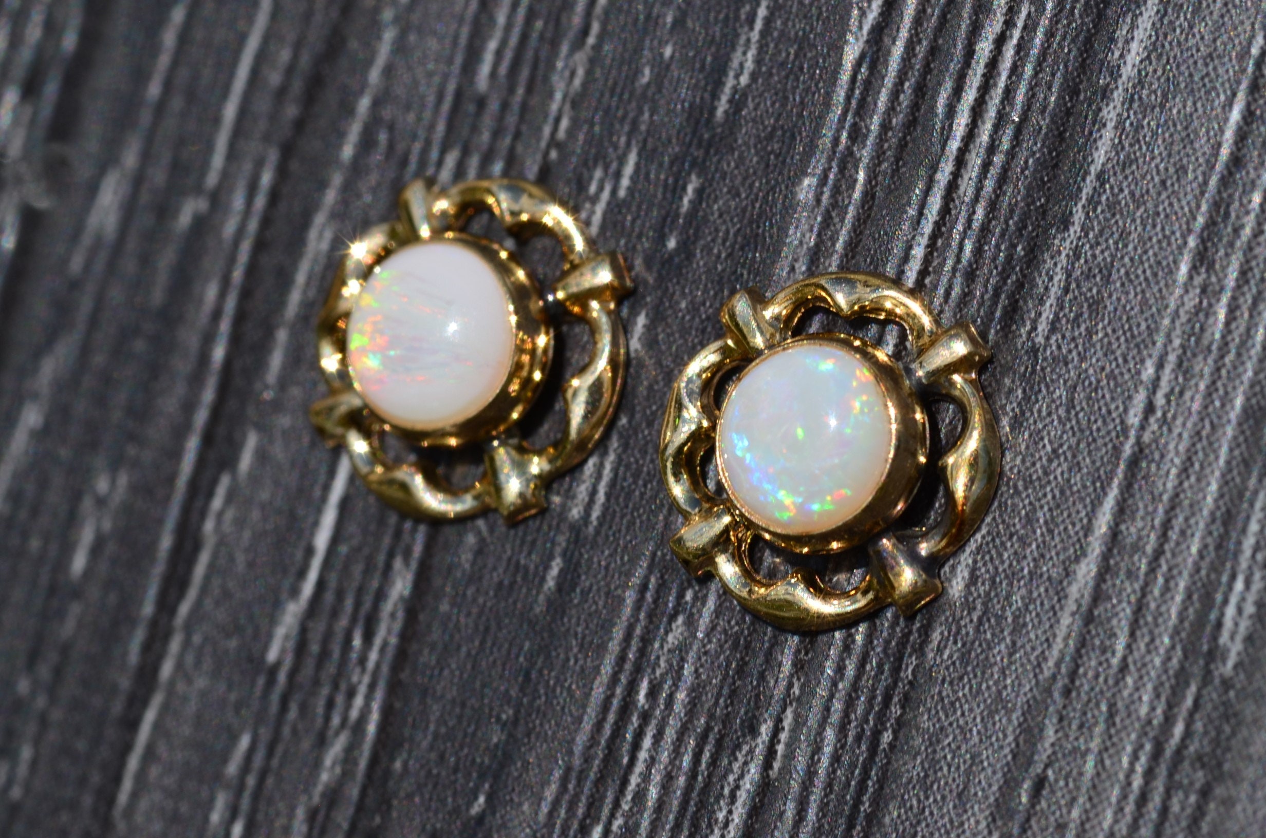 The Scintilla: Ladies Vintage 14K Gold Stud Earrings set with Australian Opal Centers - Image 2