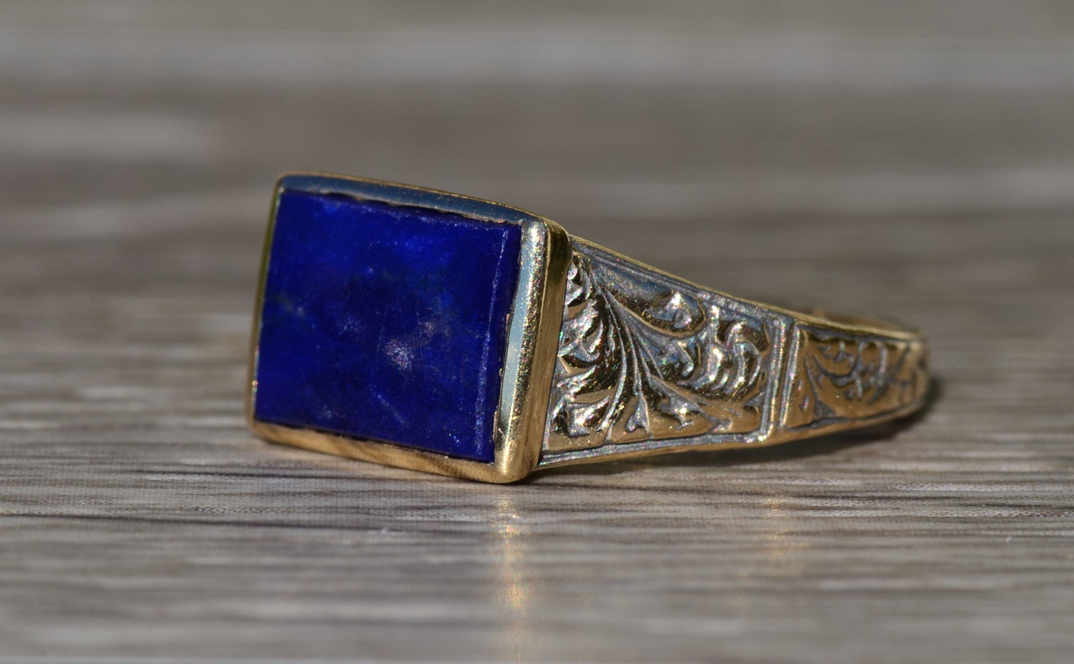 SOLD - The Marlette: Antique Signed14K Hand Engraved Cocktail Ring set with Lapis - Image 3