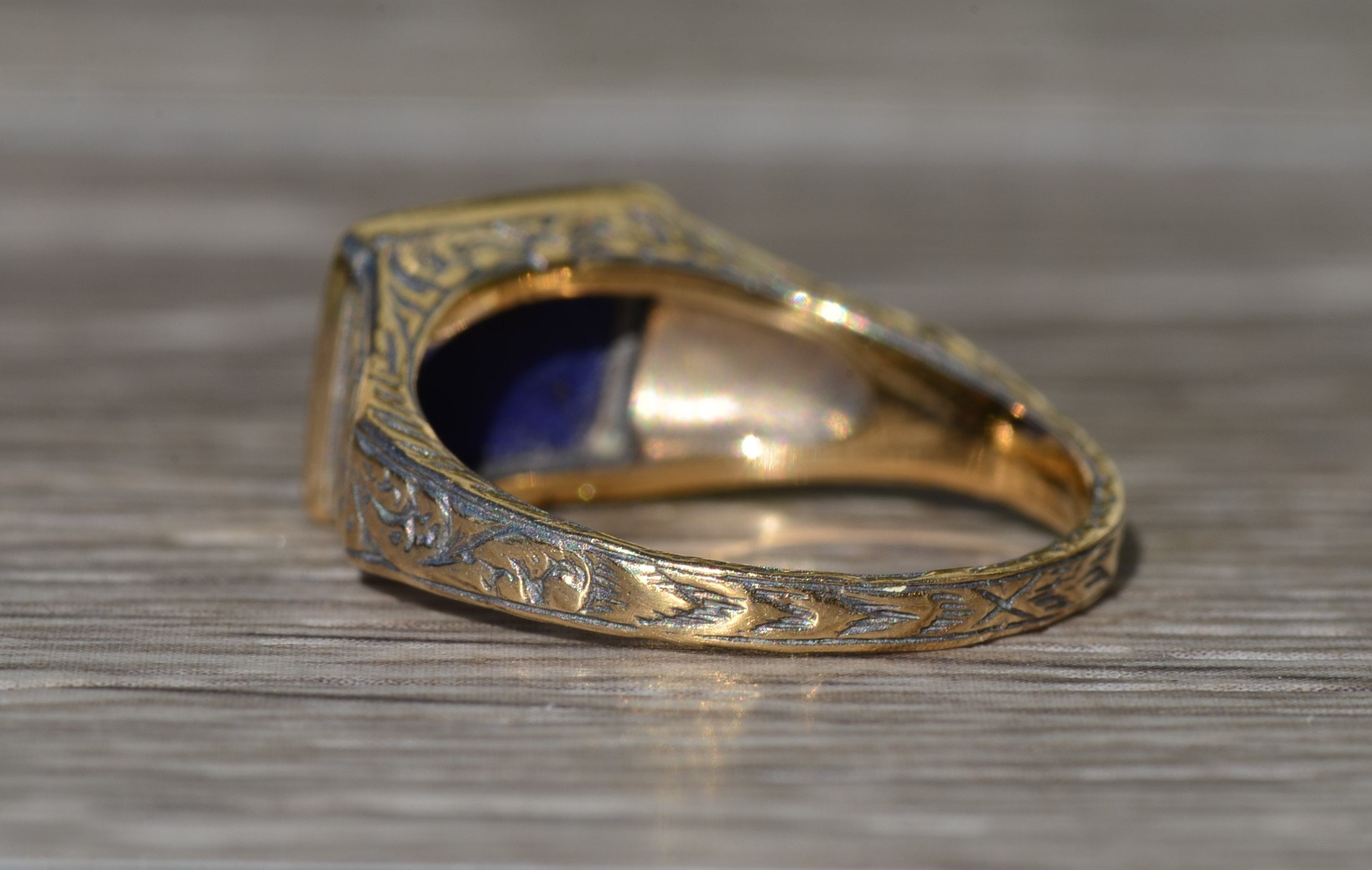 SOLD - The Marlette: Antique Signed14K Hand Engraved Cocktail Ring set with Lapis - Image 4