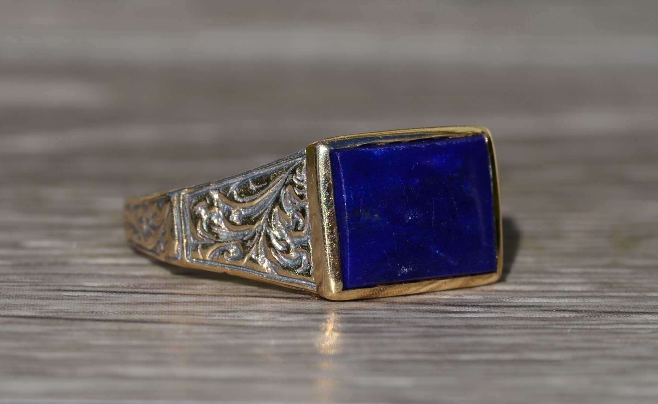 SOLD - The Marlette: Antique Signed14K Hand Engraved Cocktail Ring set with Lapis - Image 6