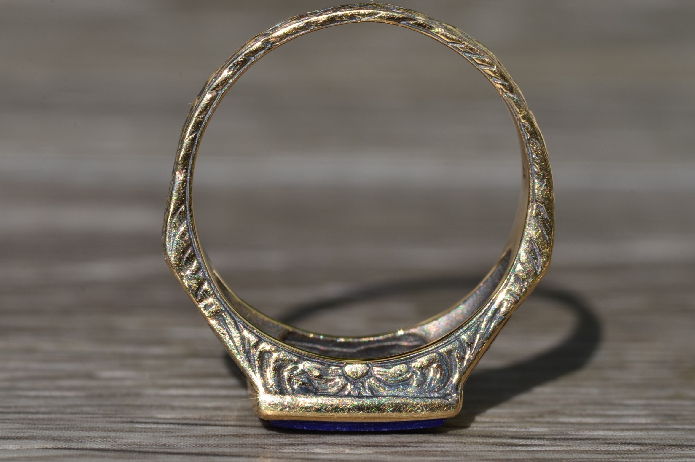 SOLD - The Marlette: Antique Signed14K Hand Engraved Cocktail Ring set with Lapis - Image 8